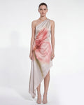 Floral Print Asymmetric Draped Midi Dress - Silver