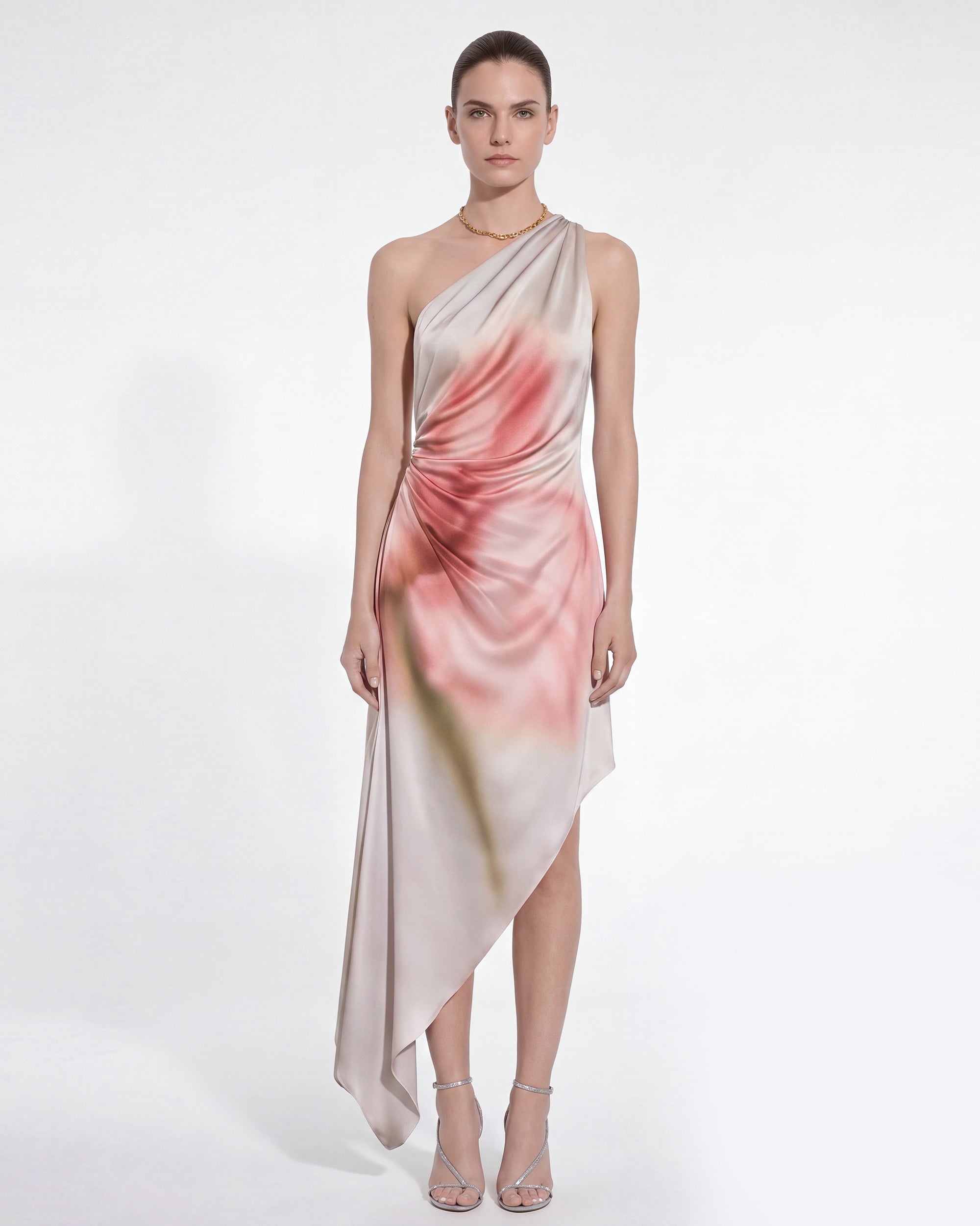 Floral Print Asymmetric Draped Midi Dress - Silver