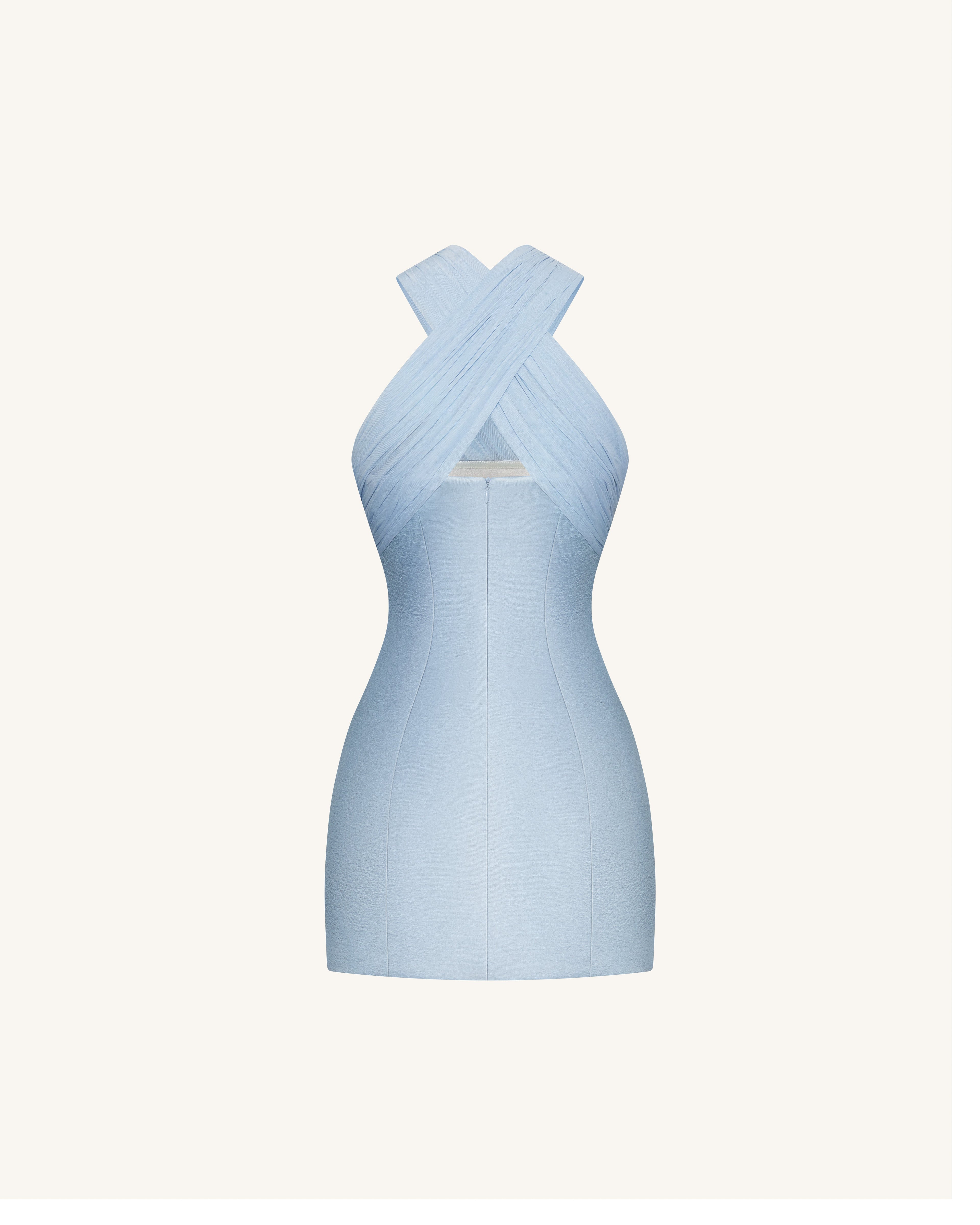 Satin Mini Dress with Tulle Cross-Halter - Blue