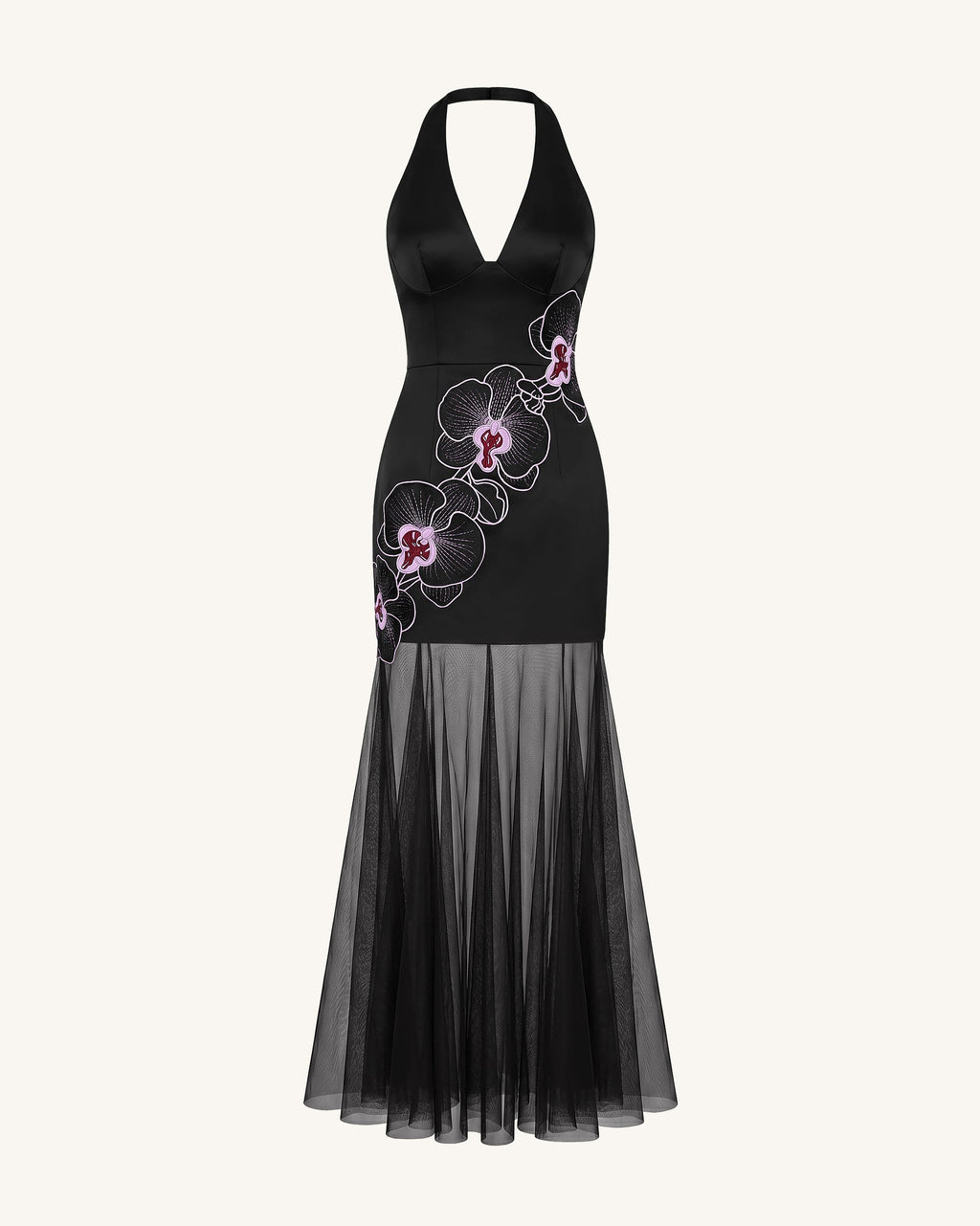 Orchid Embroidered Sheer Hem Halter Maxi Dress-  Black Purple