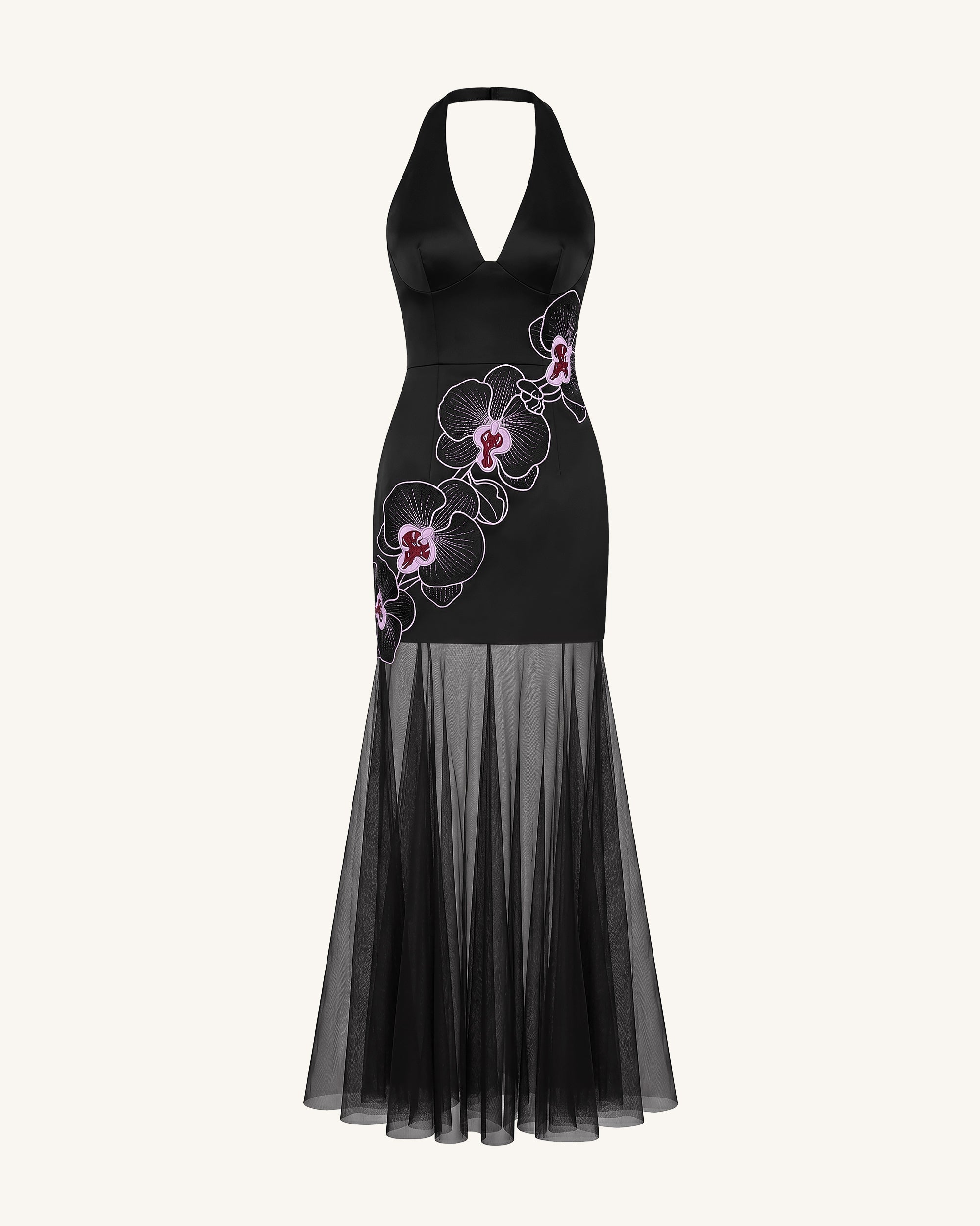 Orchid Embroidered Sheer Hem Halter Maxi Dress-  Black Purple