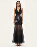Orchid Embroidered Sheer Hem Halter Maxi Dress-  Black Purple