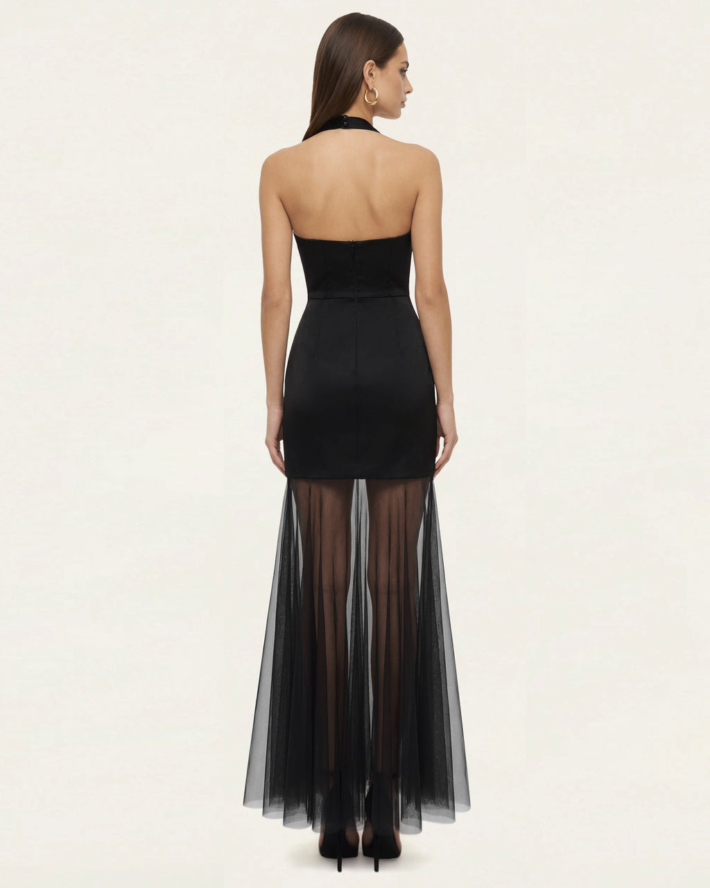 Orchid Embroidered Sheer Hem Halter Maxi Dress-  Black Purple