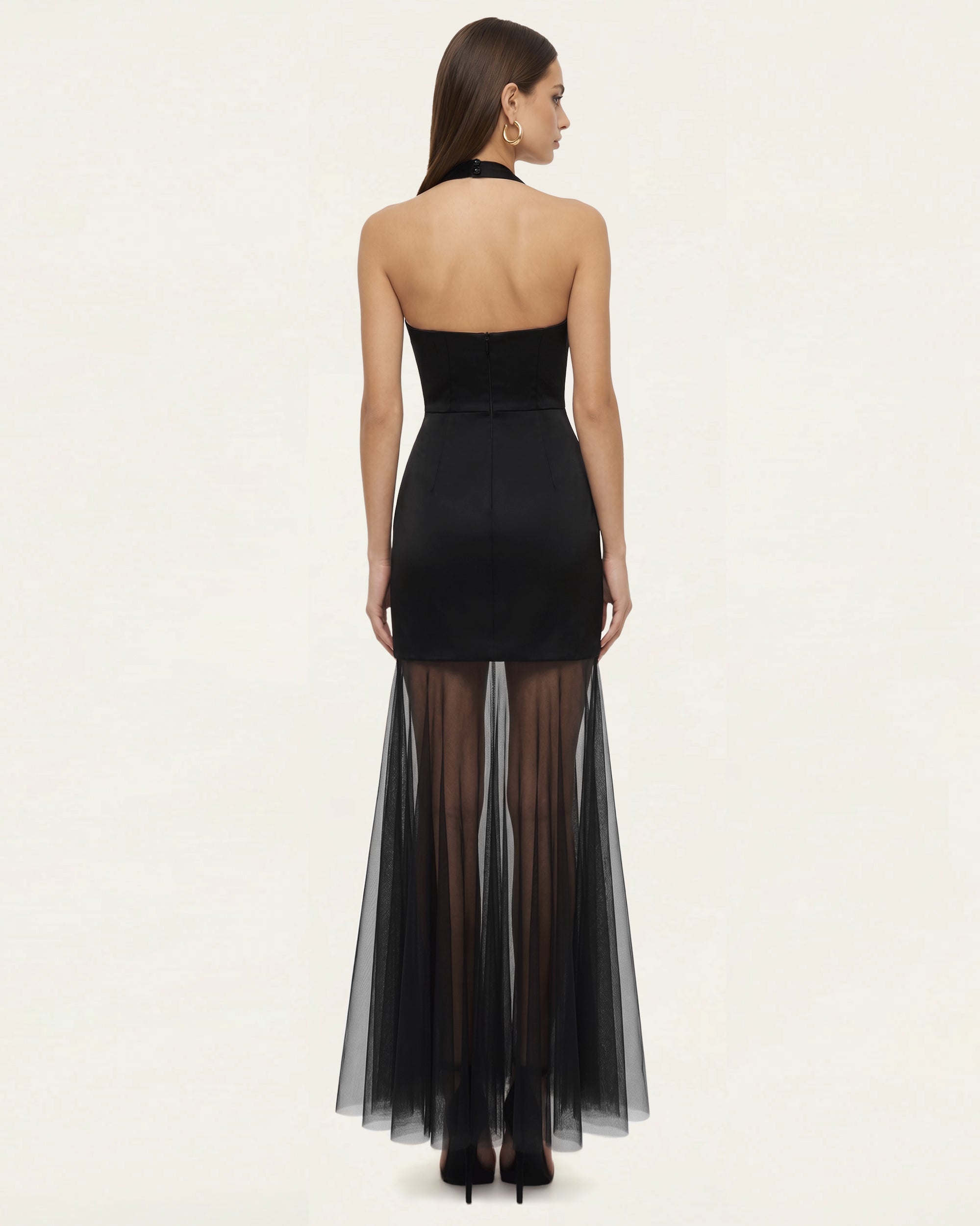Orchid Embroidered Sheer Hem Halter Maxi Dress-  Black Purple