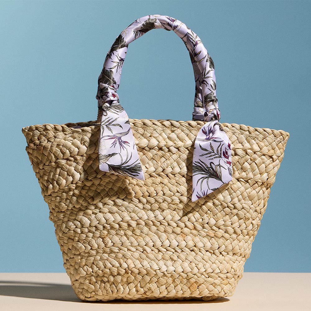 Floral Print Fabric Scarf Wrapped Handle Raffia Tote Bag