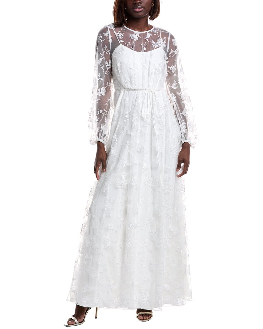 ML Monique Lhuillier Embroidered Tulle Lace Maxi Dress