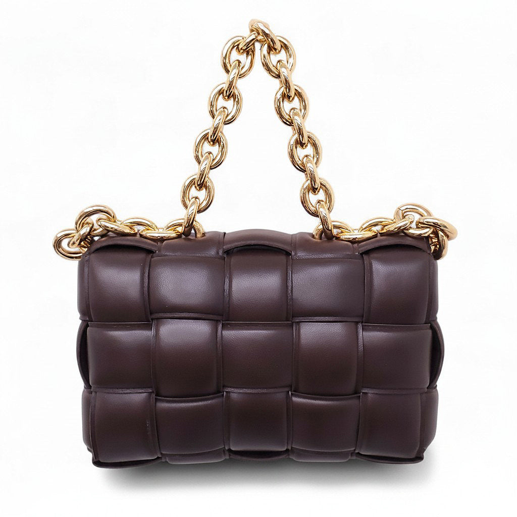 BOTTEGA VENETA BROWN LEATHER PADDED CASSETTE BAG WITH GOLD CHAIN