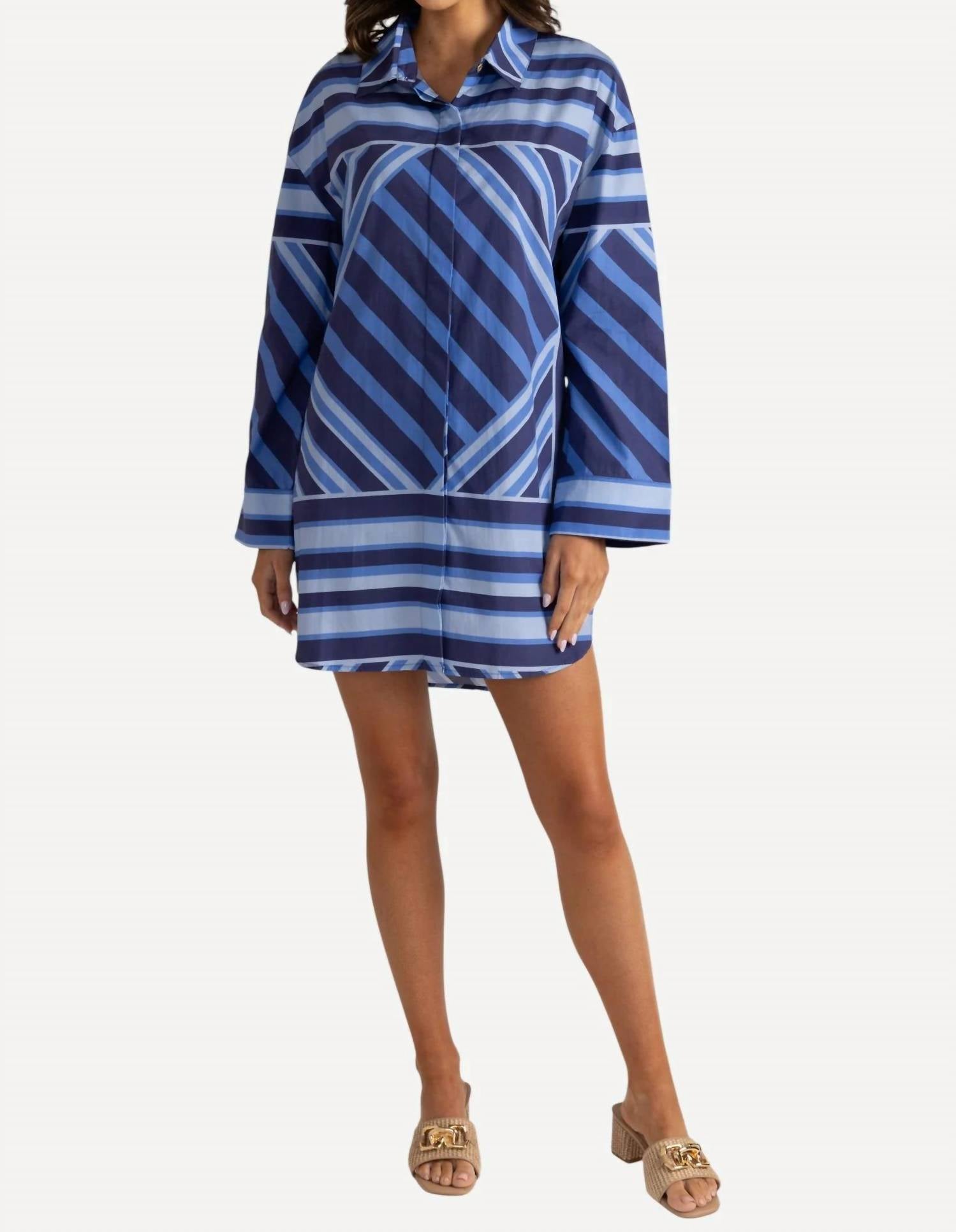 Parker Long Sleeve Mini Dress In Blue Geo Stripe
