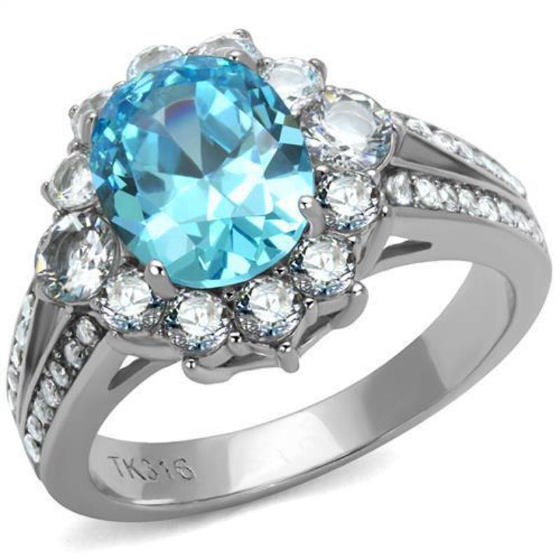 High polished (no plating) Stainless Steel Ring with AAA Grade CZ in Sea Blue