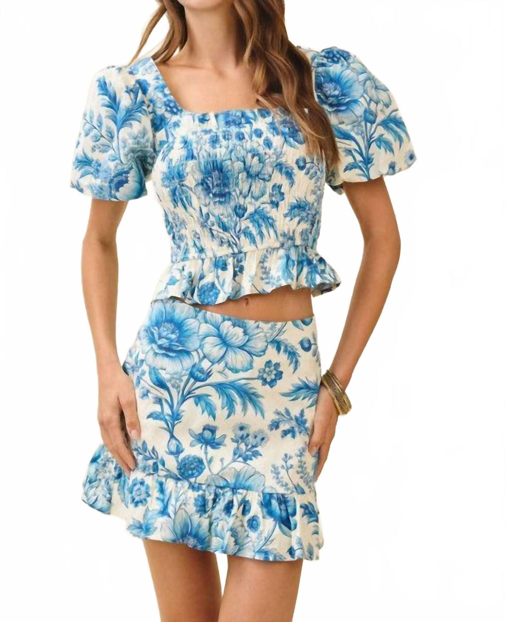 Floral Print Smocked Bodice Puff Sleeves Top And Skirt Set In Azul