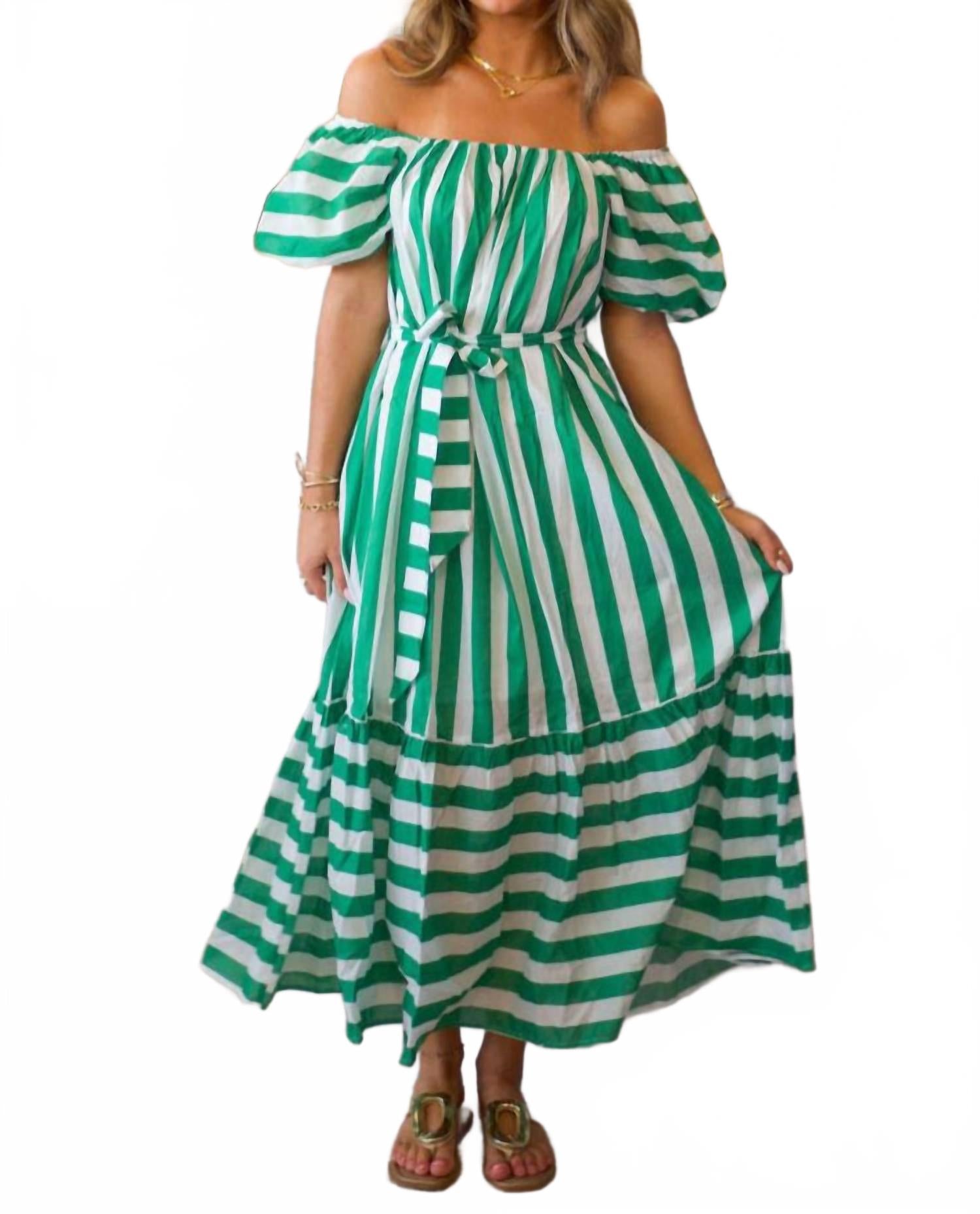 Striped Midi Puff Sleeve Dress In Green