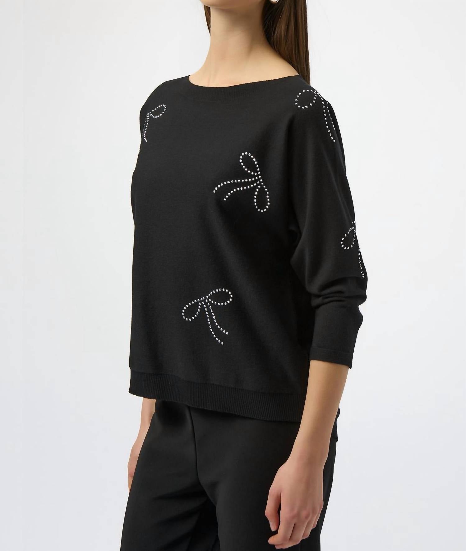 Pullover With Iron-On Bow Detail Top In Black