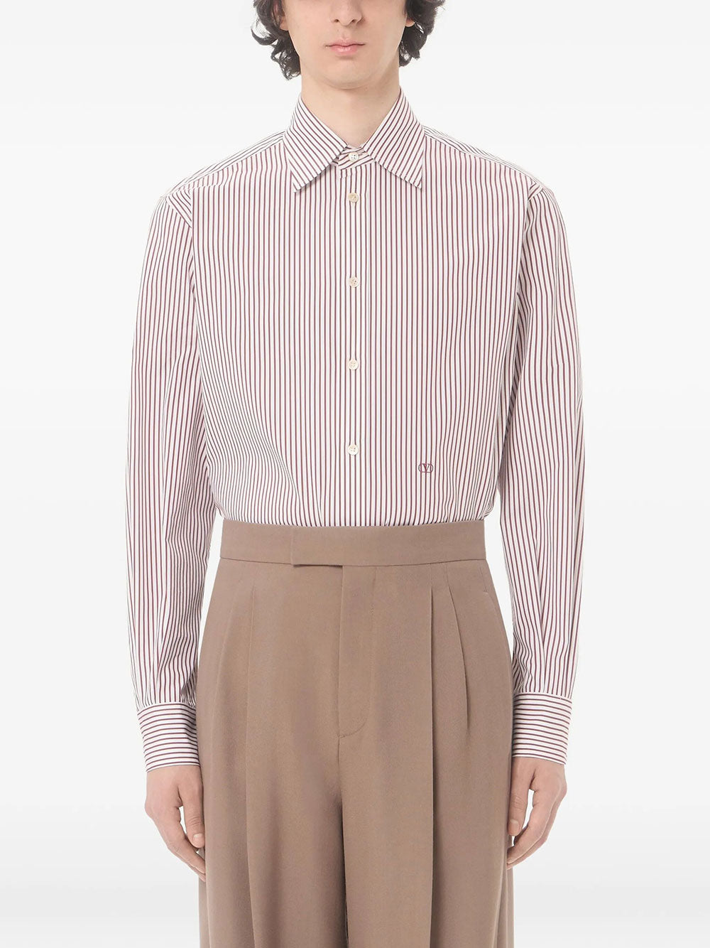 Valentino Garavani Men Valentino Cotton Poplin Striped Shirt With Vlogo Embroidery