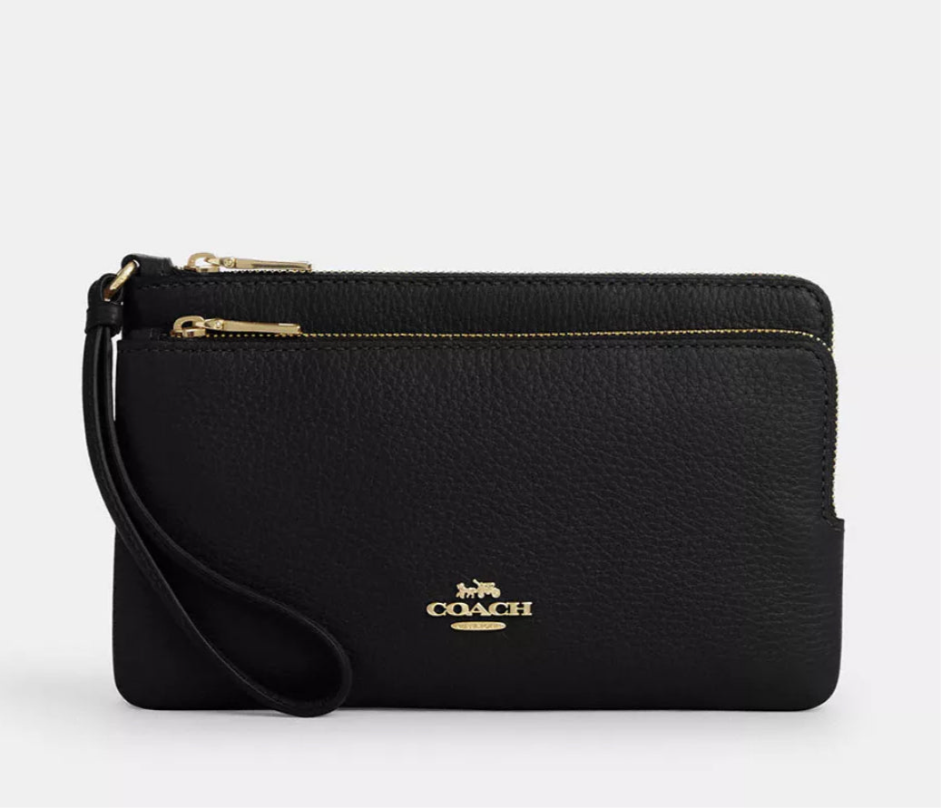 NWT Coach Leather Double Zip Large Wristlet Wallet In Gold/Black