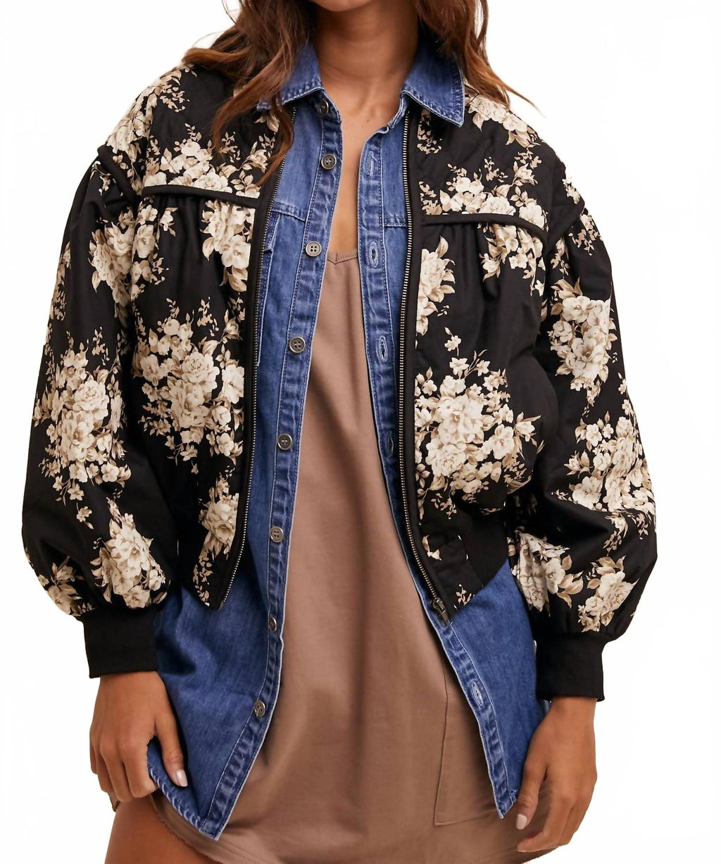 Floral Print Pleated Bomber Jacket In Black