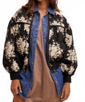 Floral Print Pleated Bomber Jacket In Black