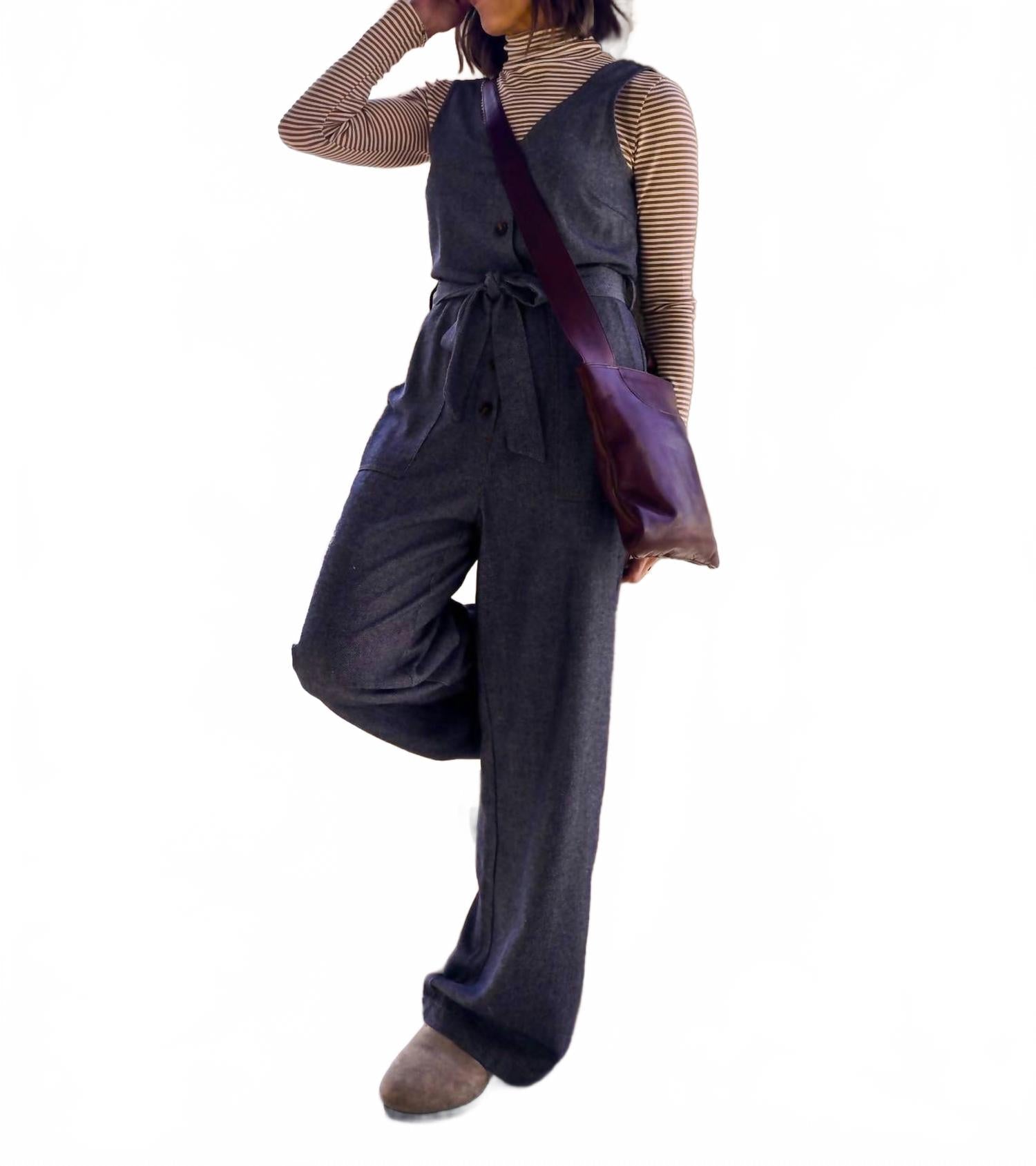 Linen Blend Jumpsuit In Bleu Marine