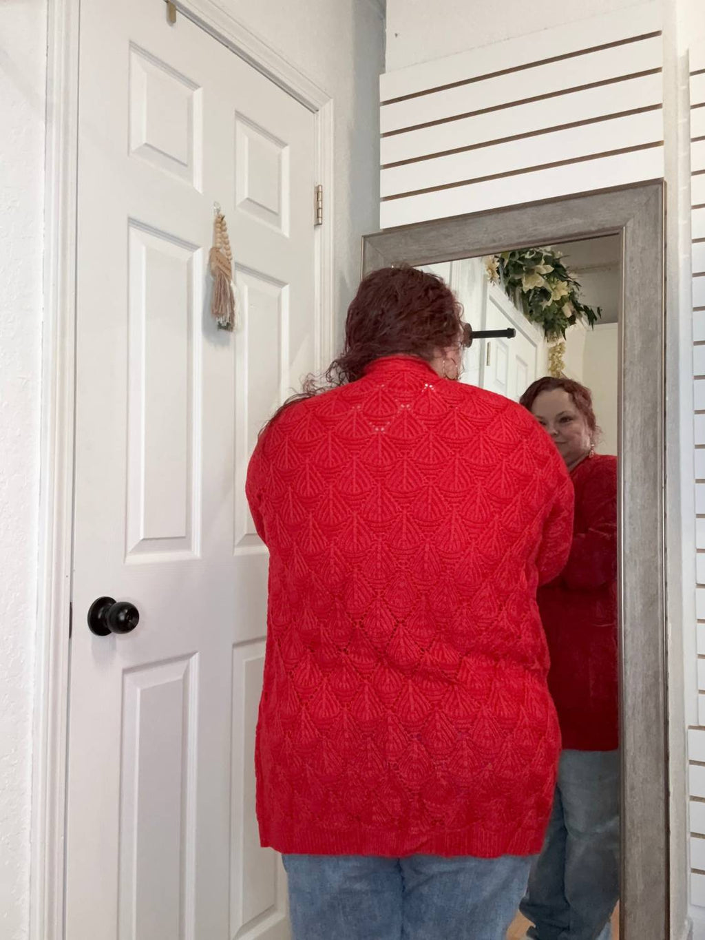 Romona Open Knit Cardigan In Red