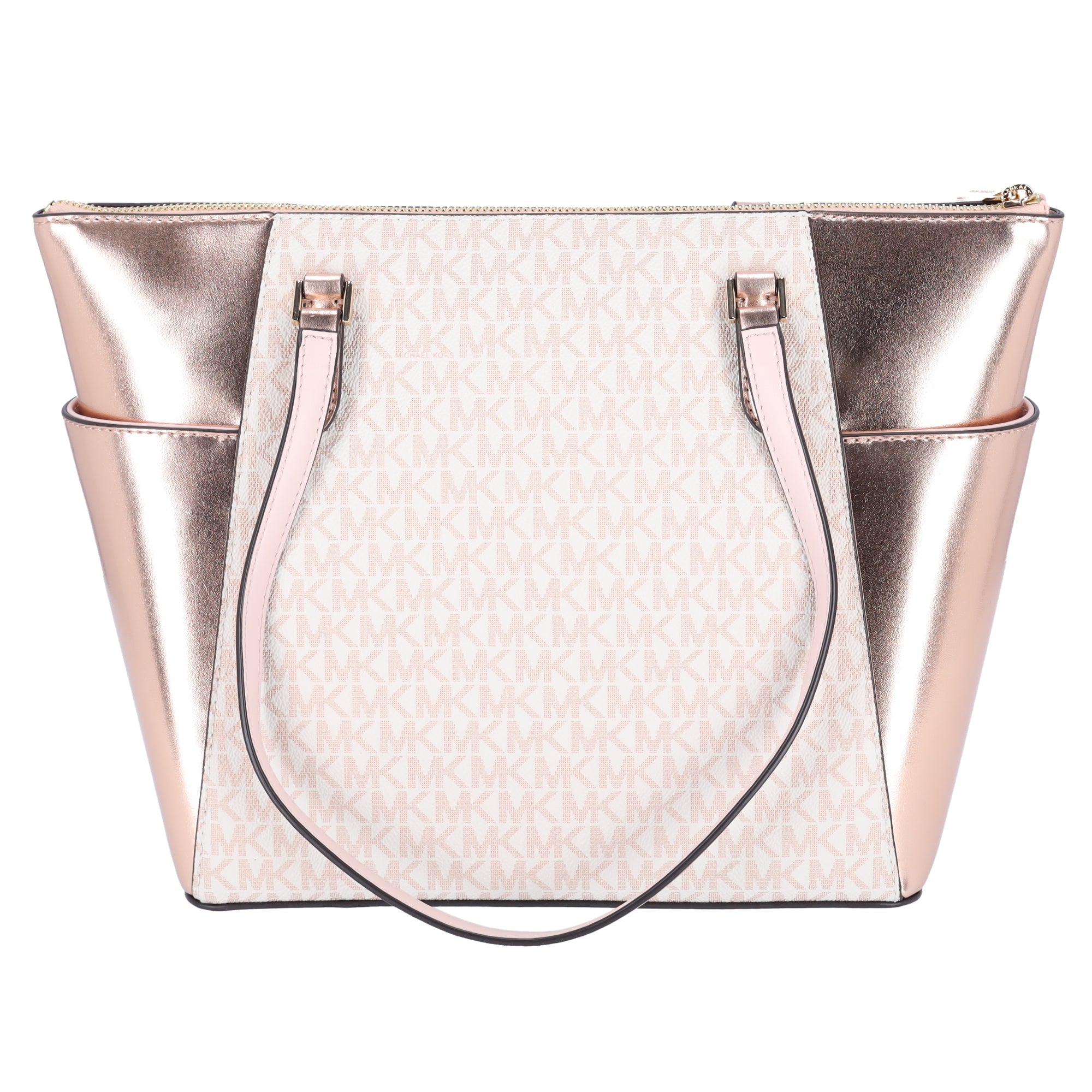 Michael Kors Charlotte Large Signature Logo Metallic Top Zip Tote Bag Rose Gold