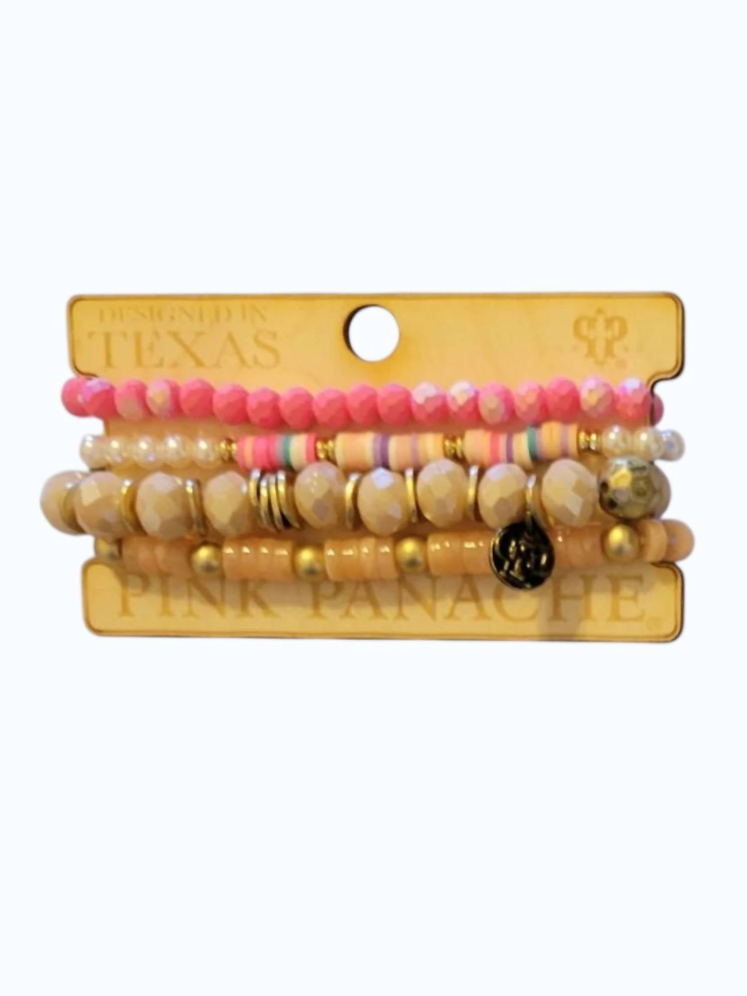 Women's Stretch Stack Bracelet Set In Pink Pearl/taupe/tan Beaded