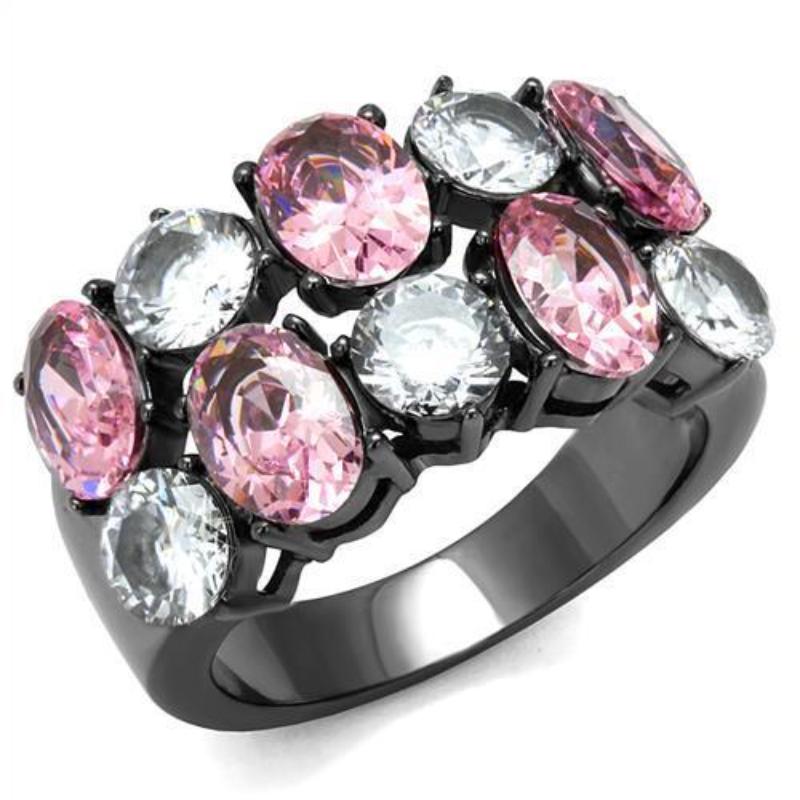 IP Light Black Stainless Steel Ring with AAA Grade CZ in Rose