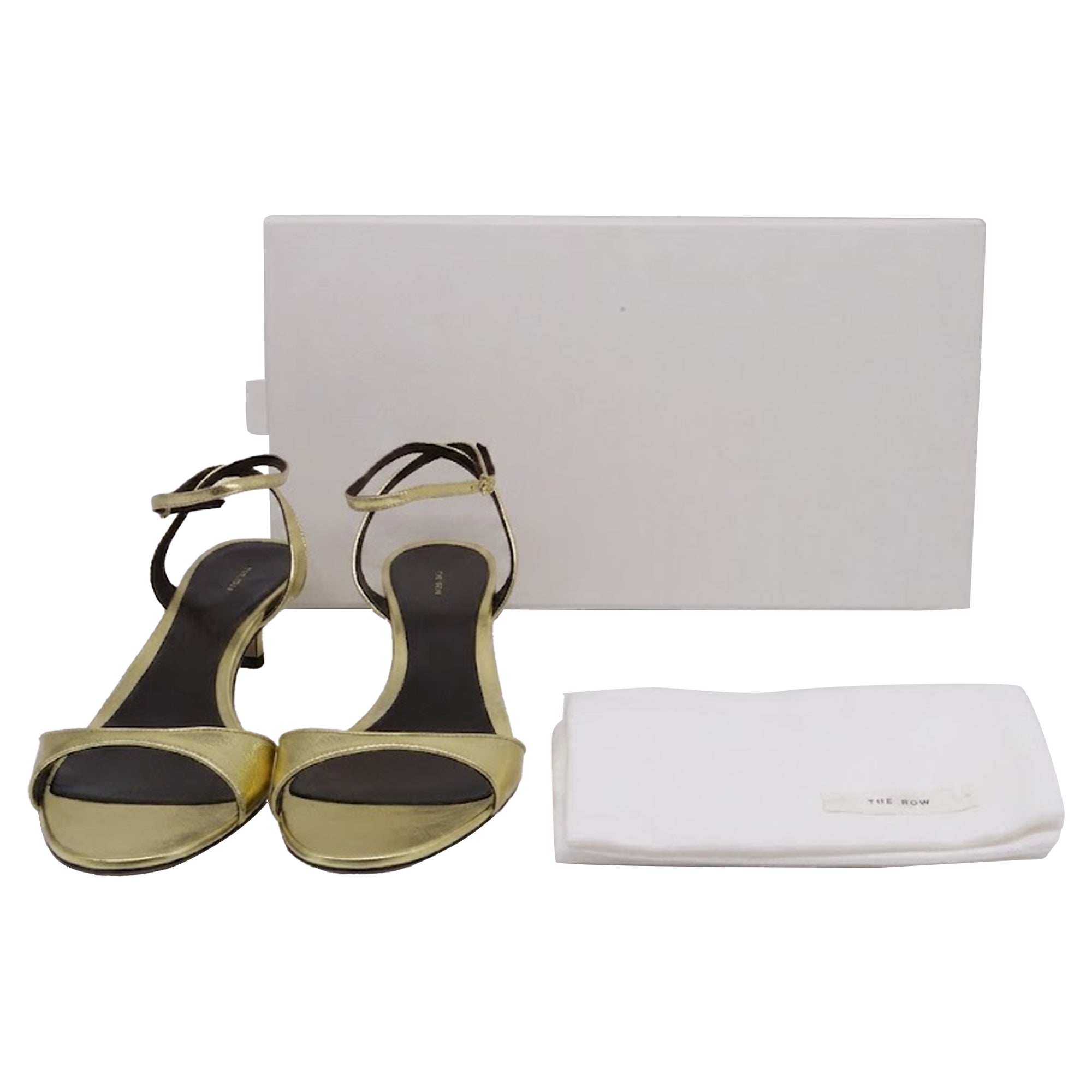 The Row Vika Ankle Strap Kitten Heeled Sandals in Gold Leather