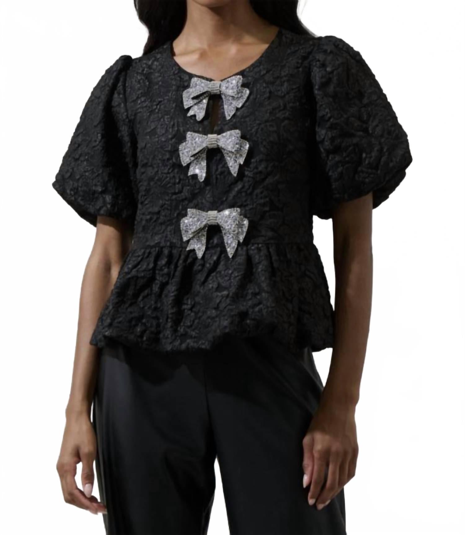 Arielle Jacquard Glow Bow Top In Black