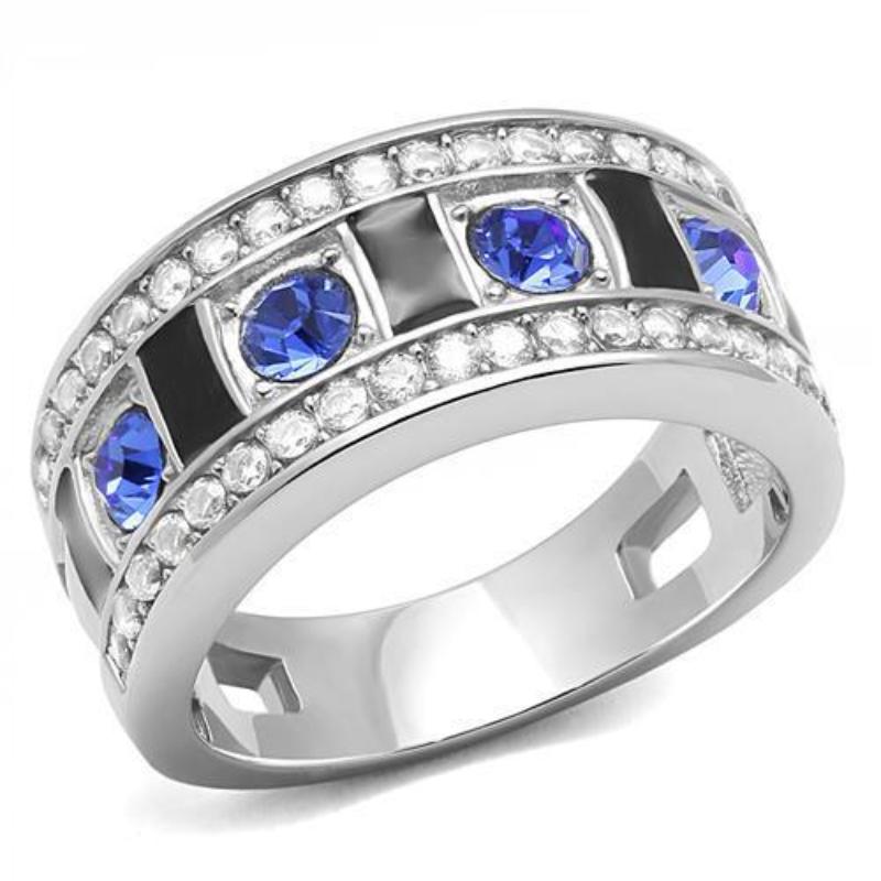 High polished (no plating) Stainless Steel Ring with Top Grade Crystal in Sapphire
