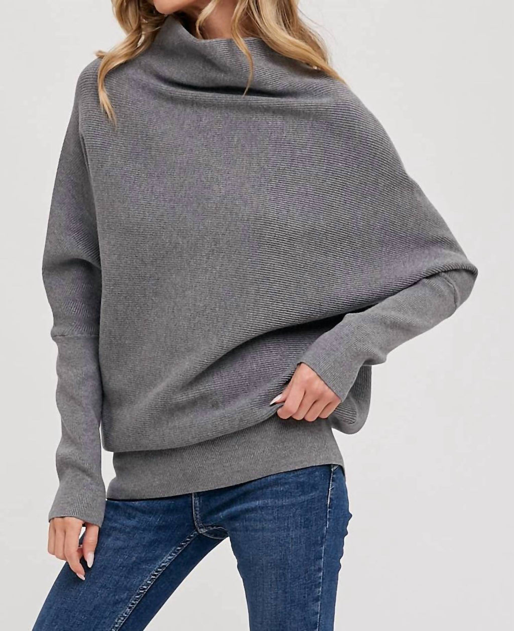 Slouch Neck Dolman Sleeved Pullover In Dark Grey