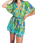 Belted Woven Romper In Blue Multi