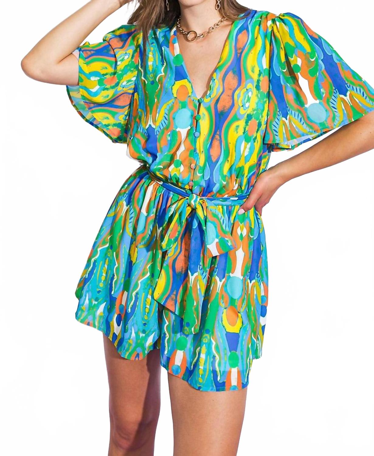 Belted Woven Romper In Blue Multi