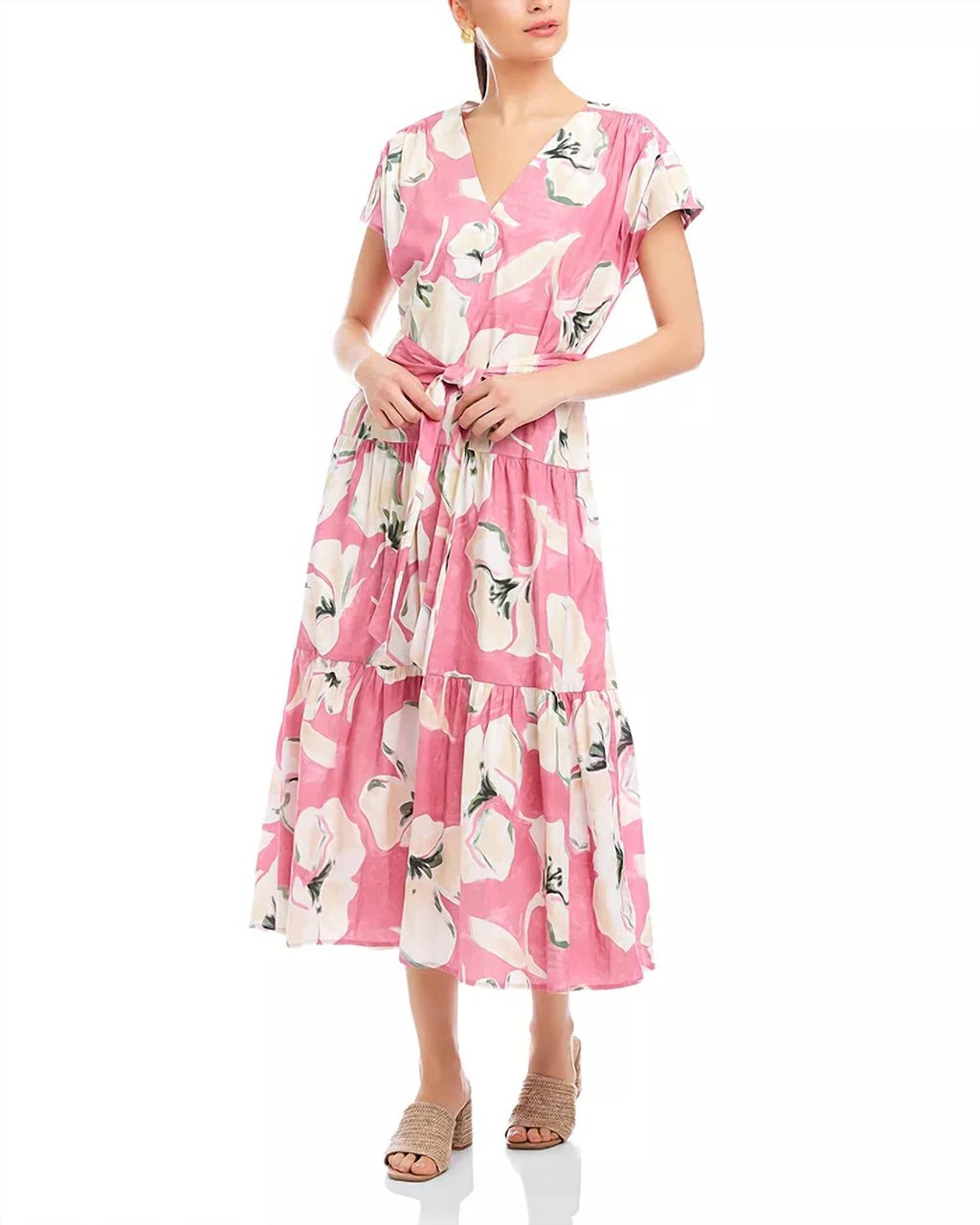 Kristine Tiered Front Slit Midi Dress In Pink Floral