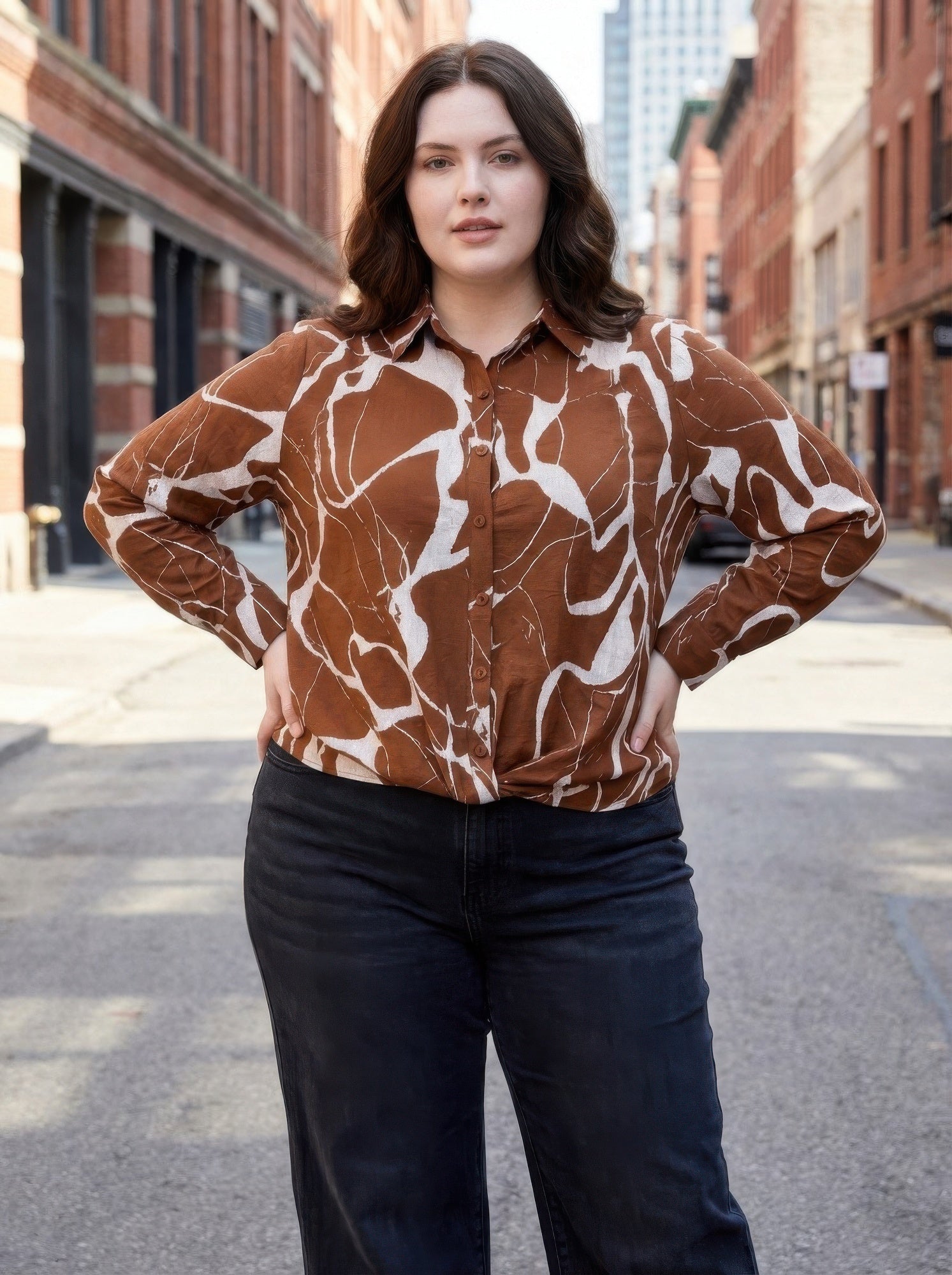Rust Abstract Print Button-up Shirt