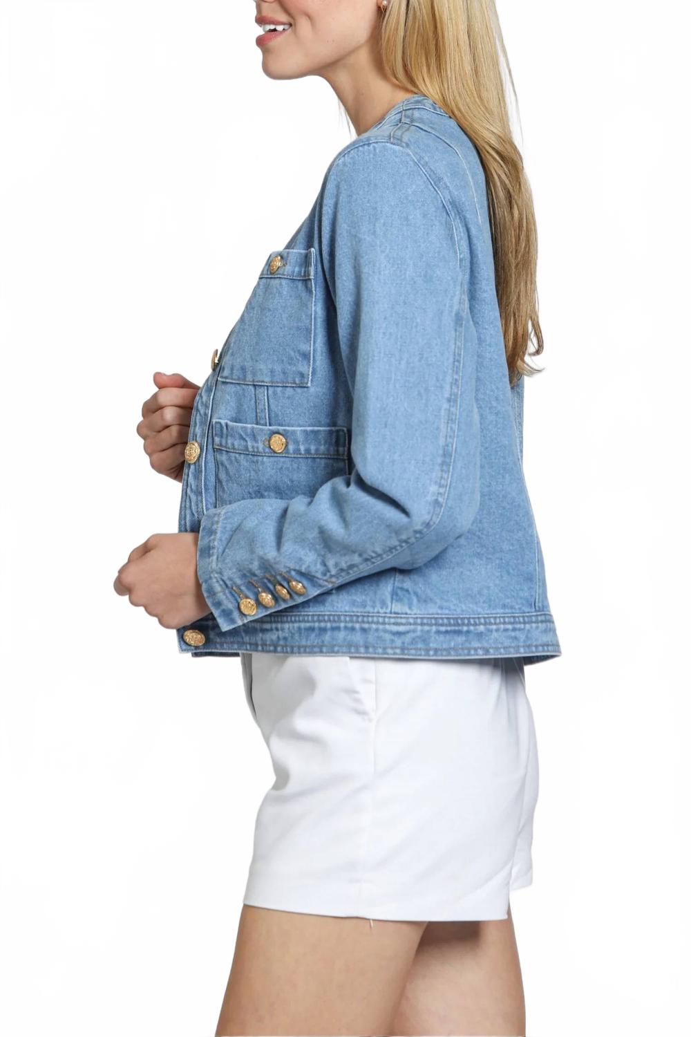 Collarless Denim Jacket In Light Indigo