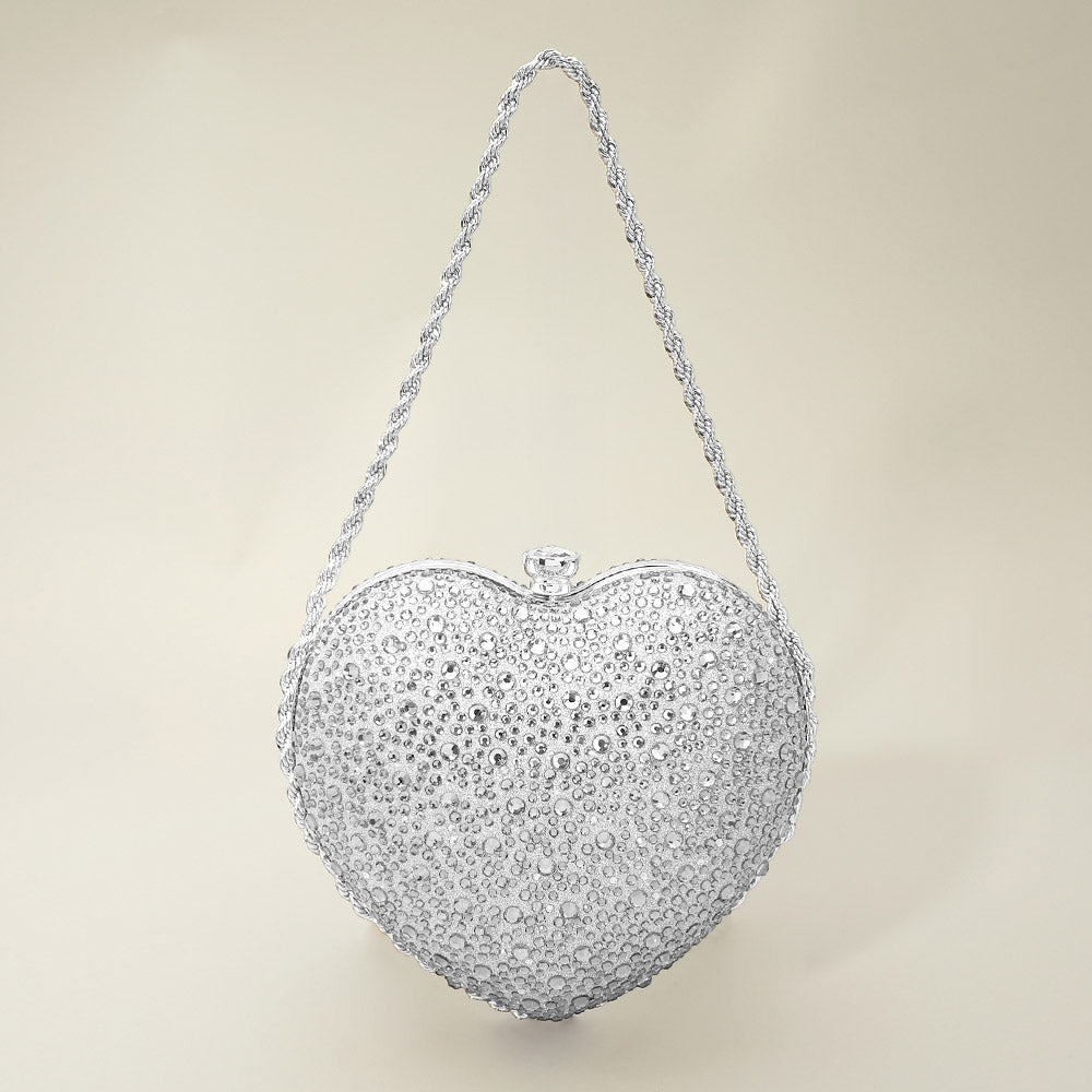 Rhinestone Studded Heart Shaped Evening Clutch Crossbody Bag