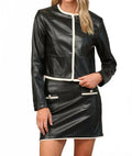 Patched Pocket Hem Faux Leather Mini Skirt With Pearl Detail In White & Black