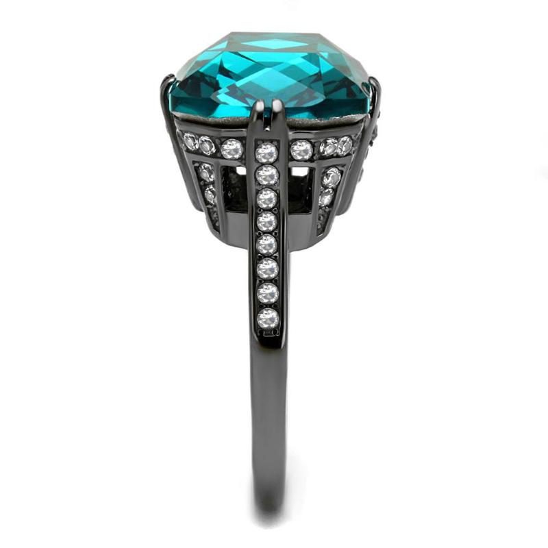 IP Light Black Stainless Steel Ring with Top Grade Crystal in Blue Zircon