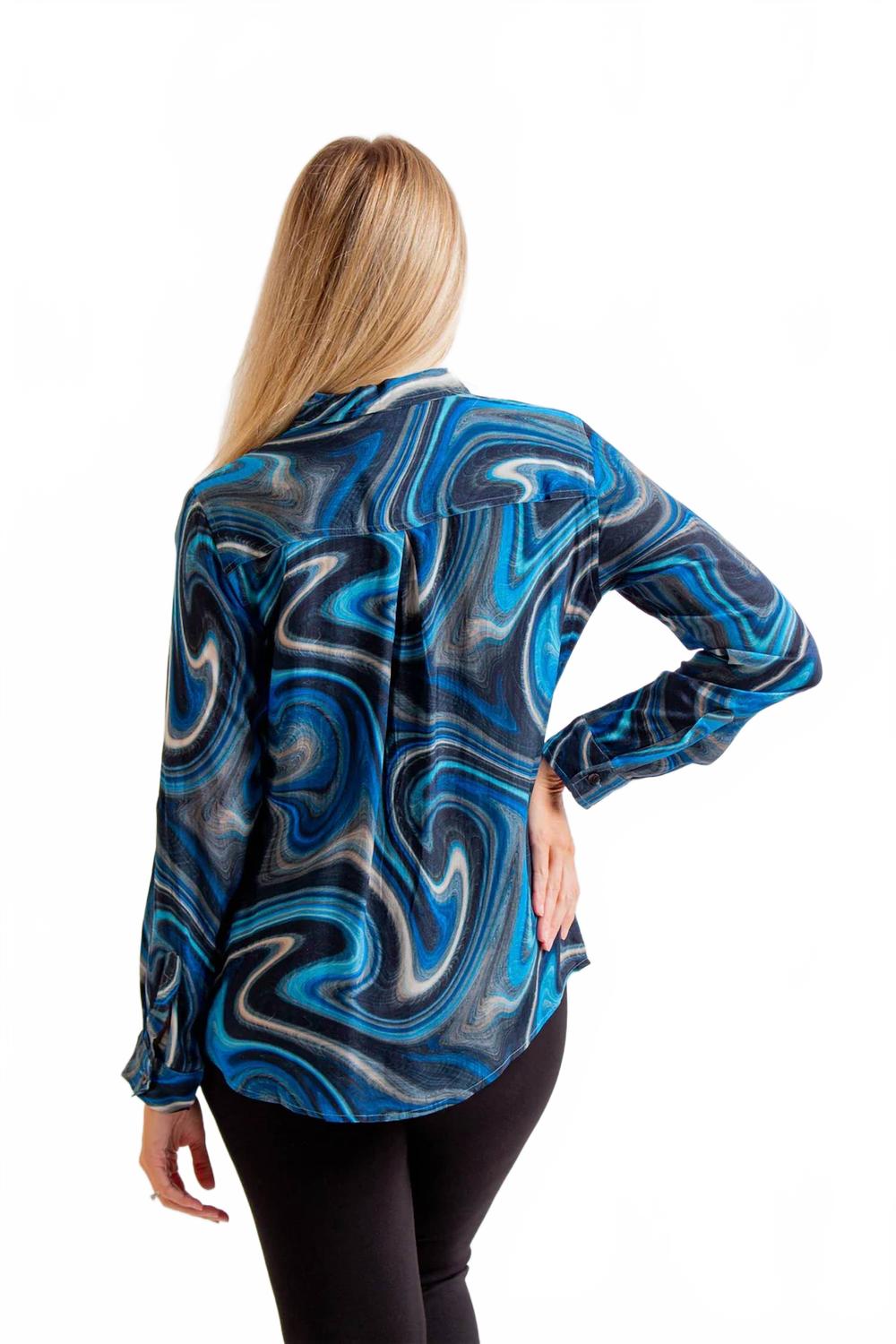 Button Up Roll Up Sleeve Top In Blue Multi