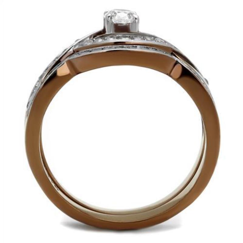 Two Tone IP Light Brown (IP Light coffee) Stainless Steel Ring with AAA Grade CZ in Clear