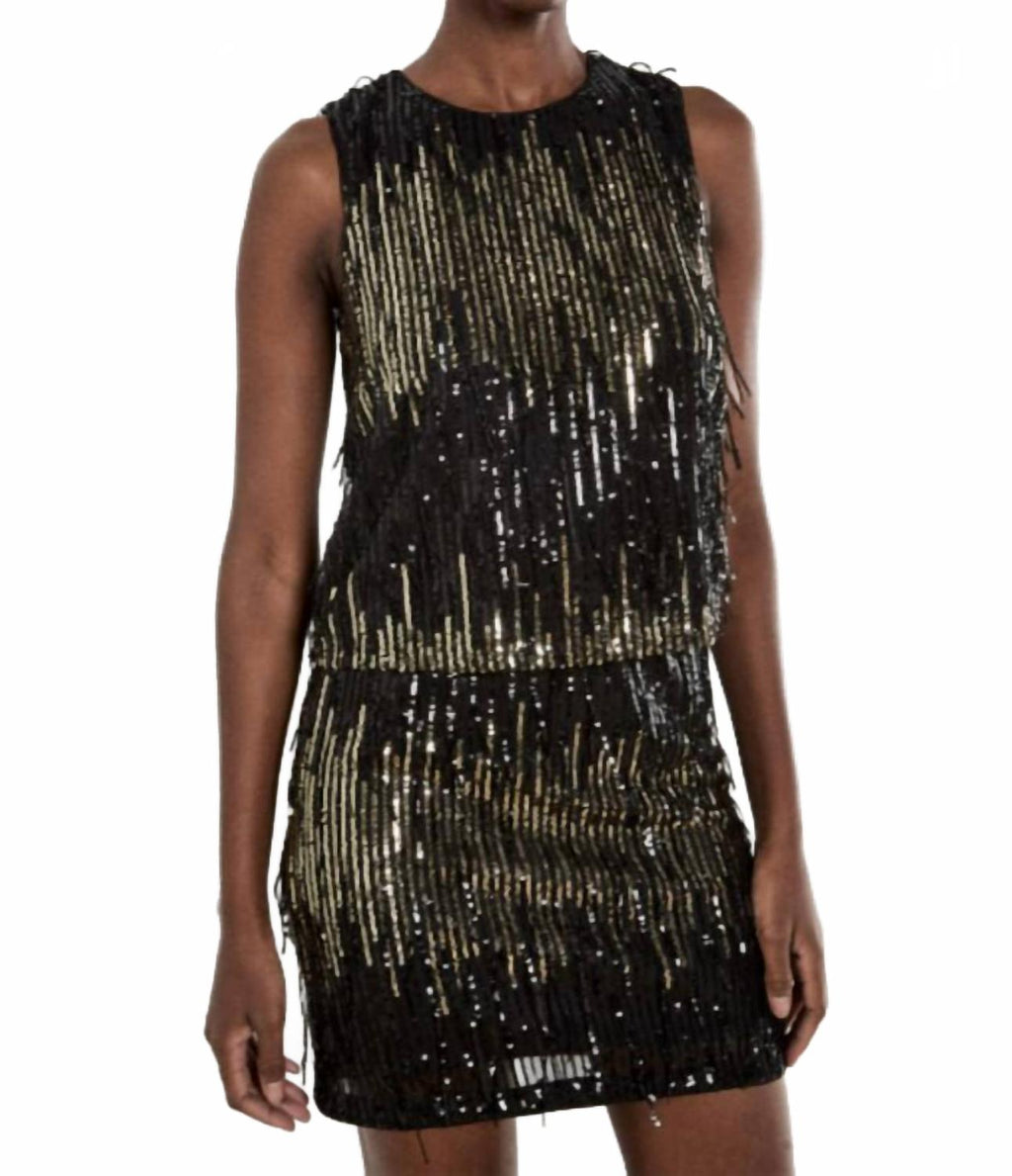Sequin Stripe Fringe Shell Top In Black