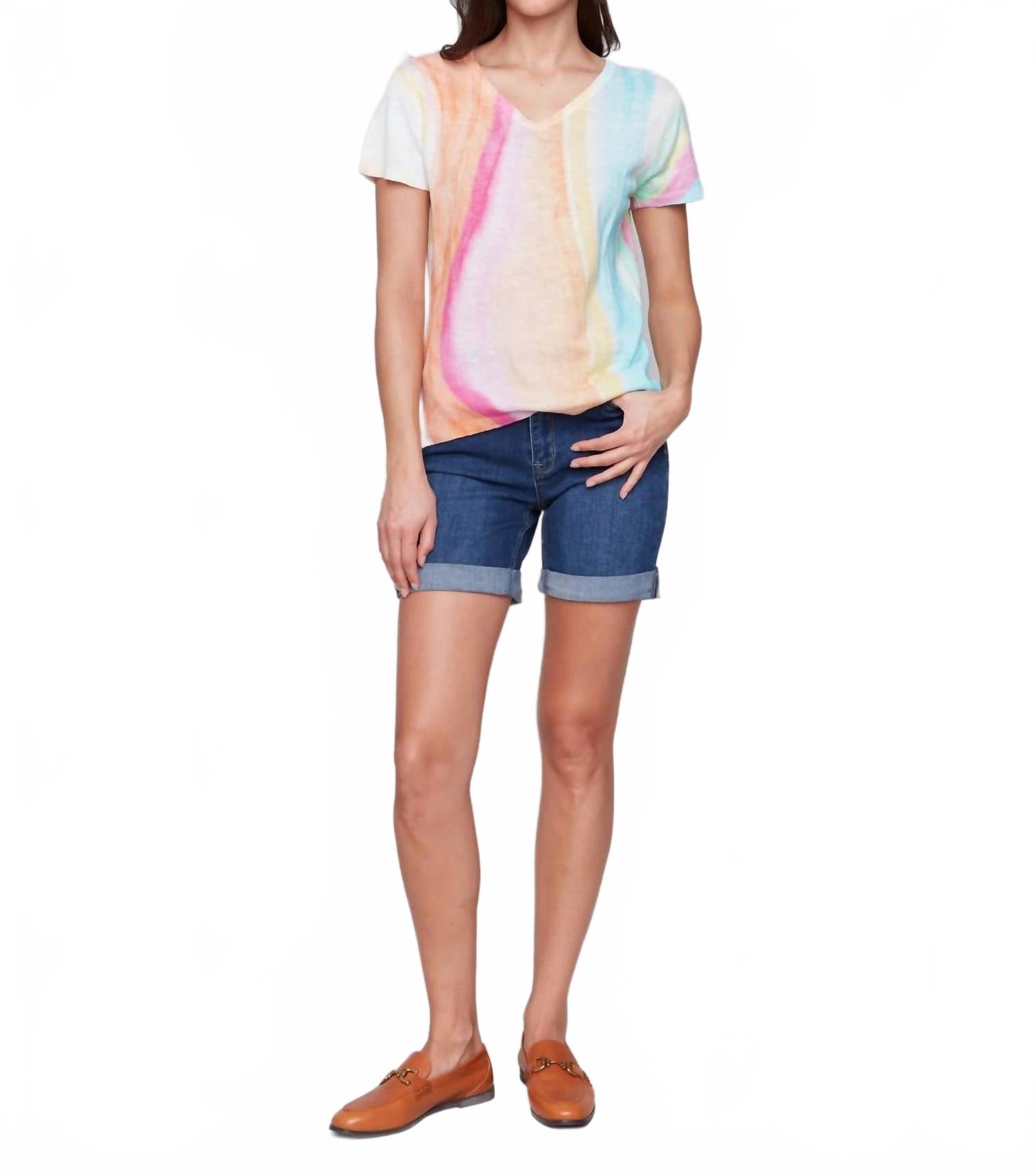 Short Sleeve Crew Neck Printed Sweater In Rainbow