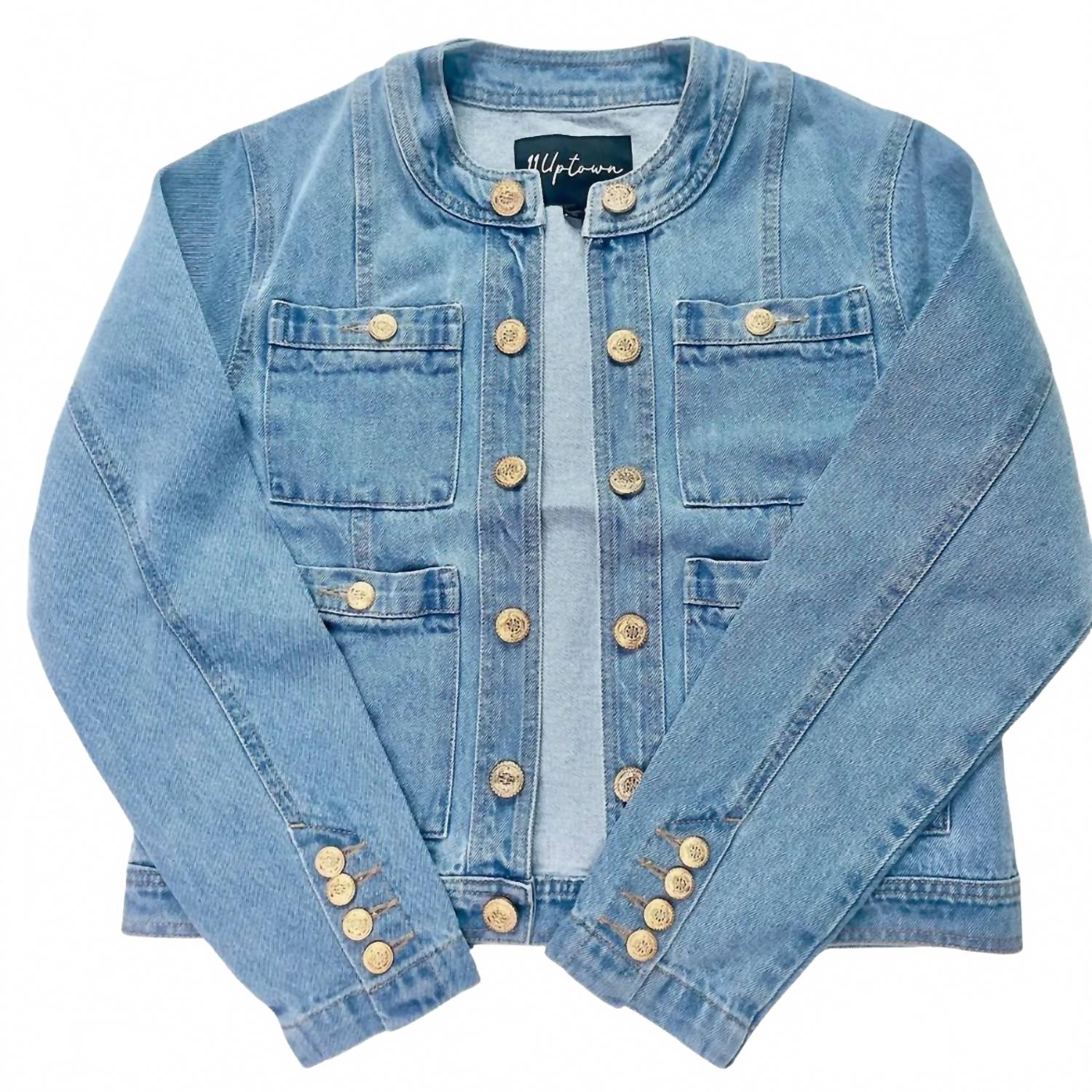 Collarless Denim Jacket In Light Indigo