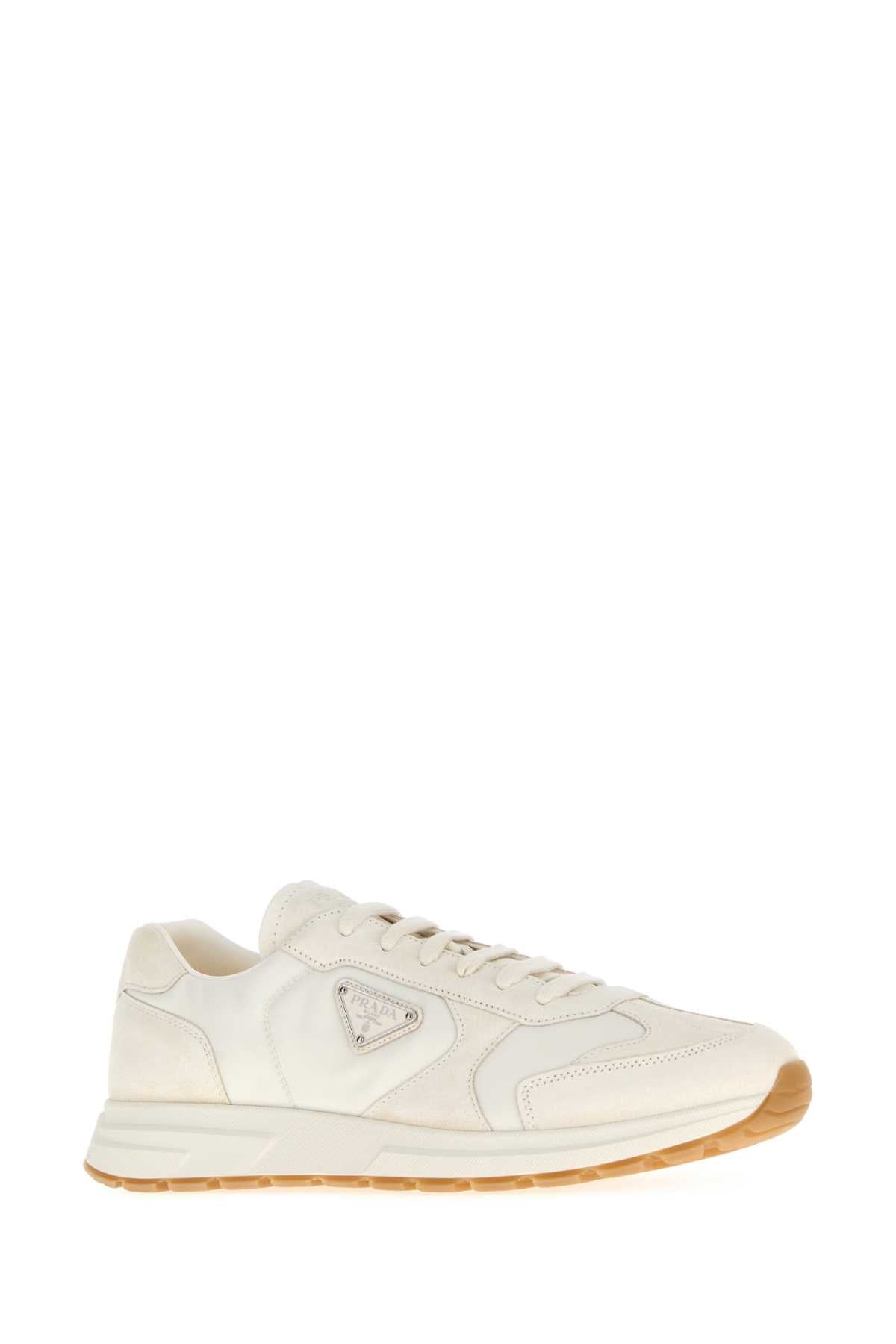 Prada Men White Re-Nylon And Suede Sneakers