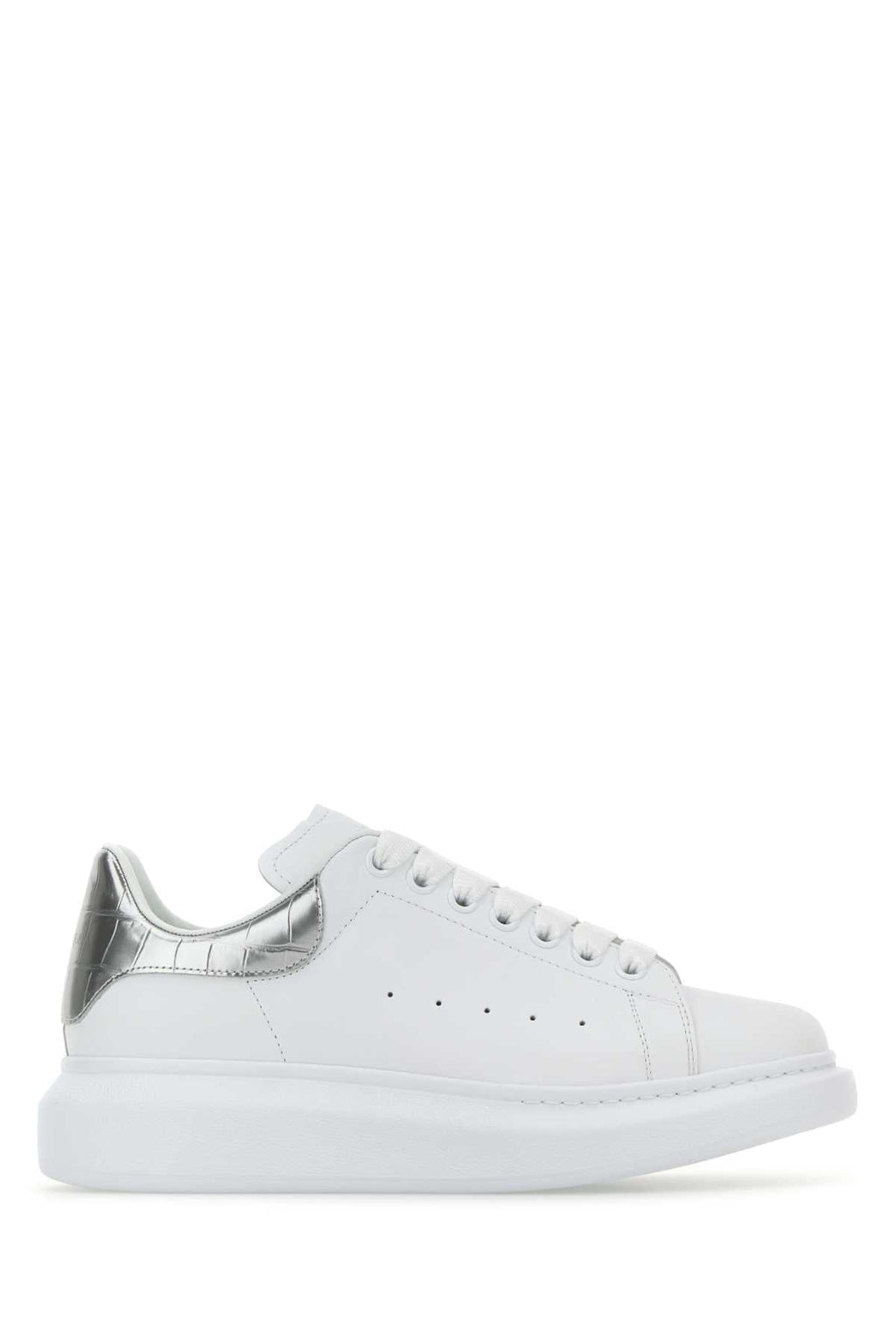 Alexander Mcqueen Women White Leather Sneakers With Silver Leather Heel