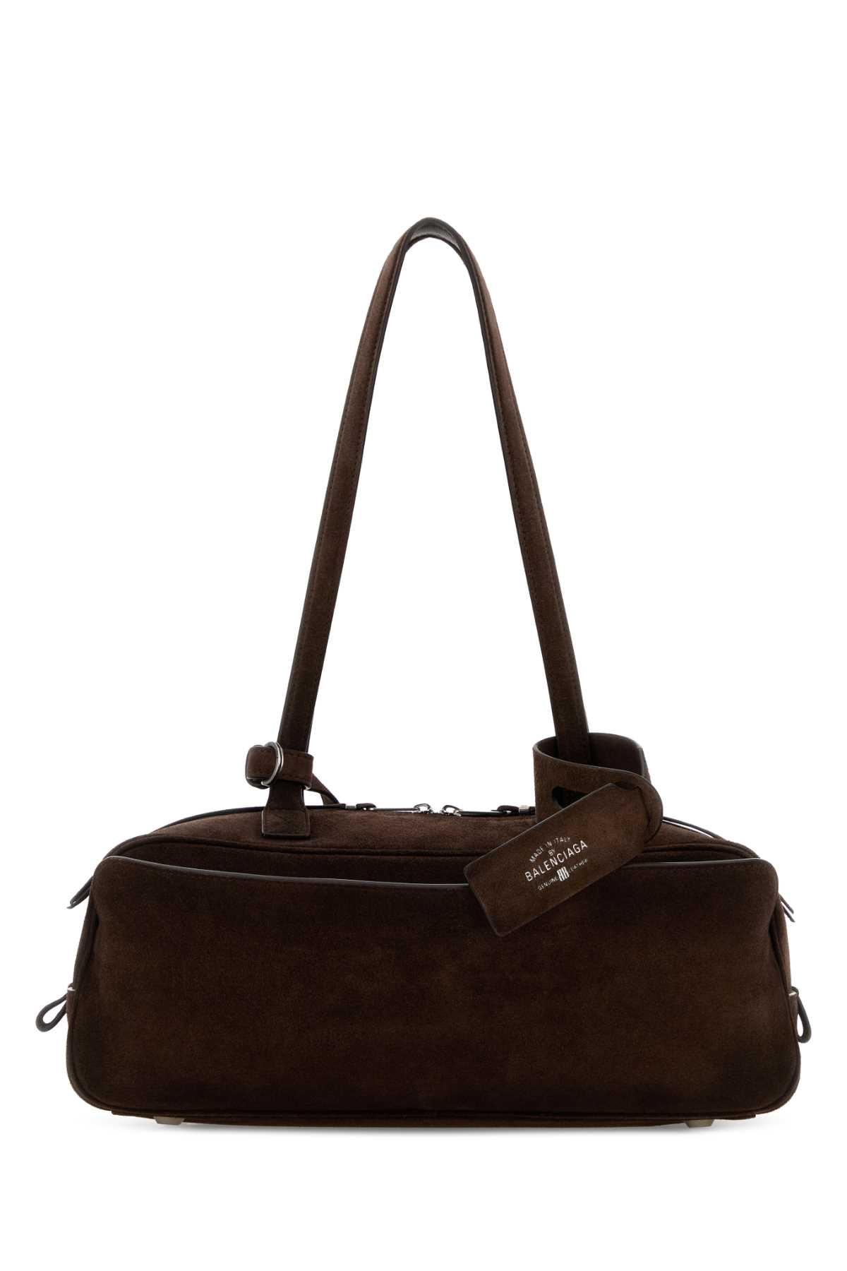 Balenciaga Women Dark Brown Suede Small Carrie Shoulder Bag