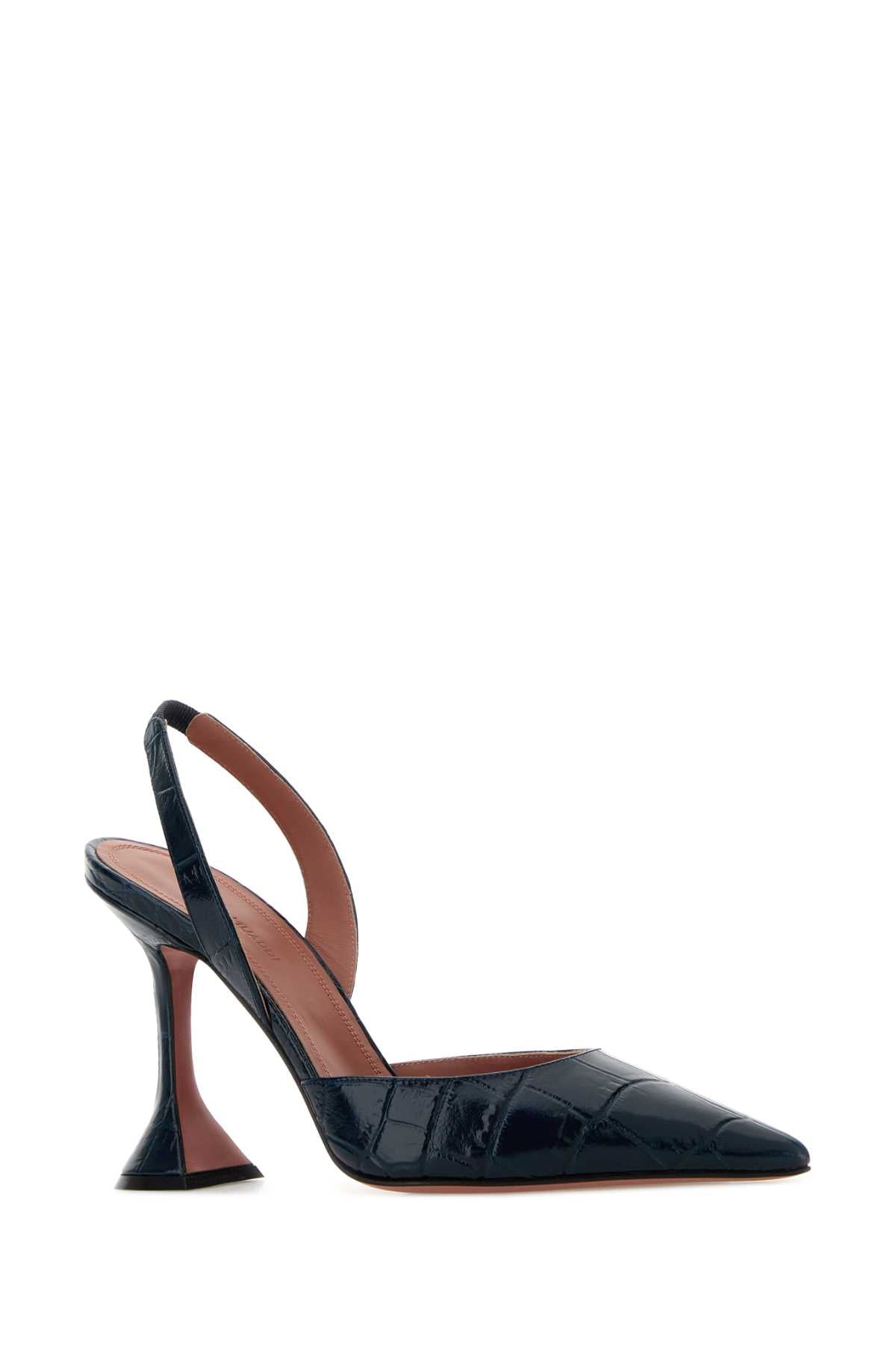 Amina Muaddi Women Navy Blue Leather Holli Sling Pumps