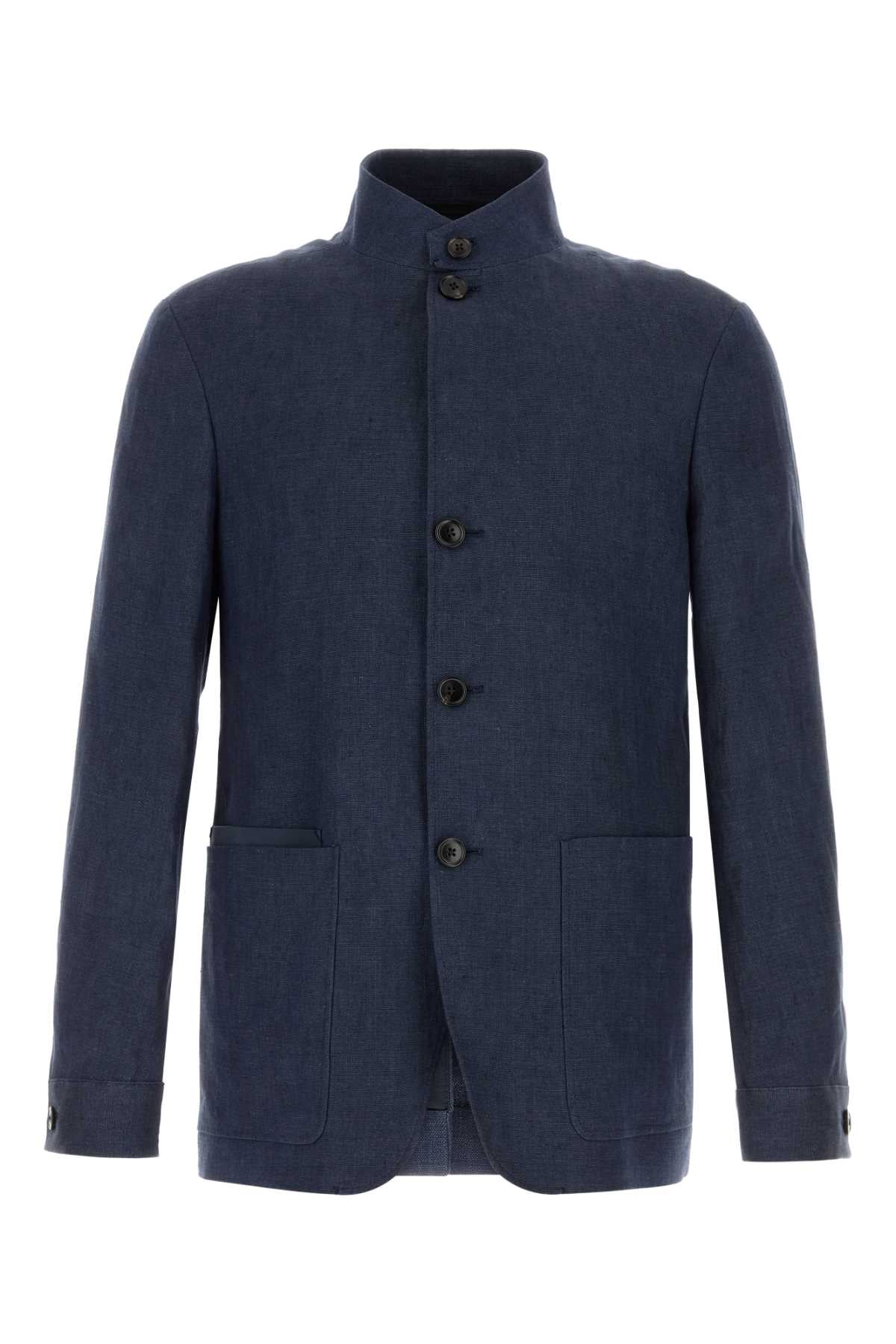 Zegna Men Navy Blue Linen Blazer