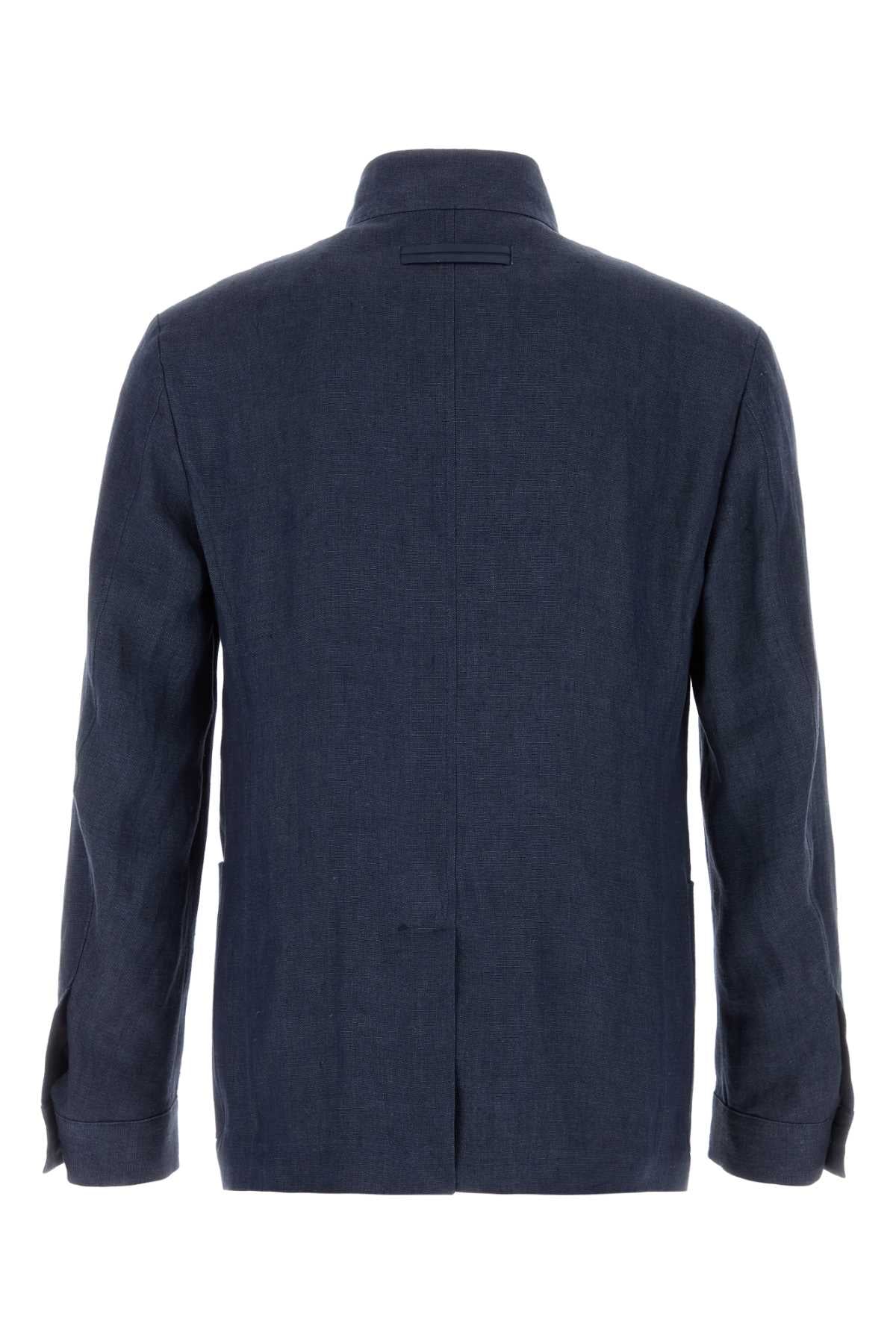 Zegna Men Navy Blue Linen Blazer