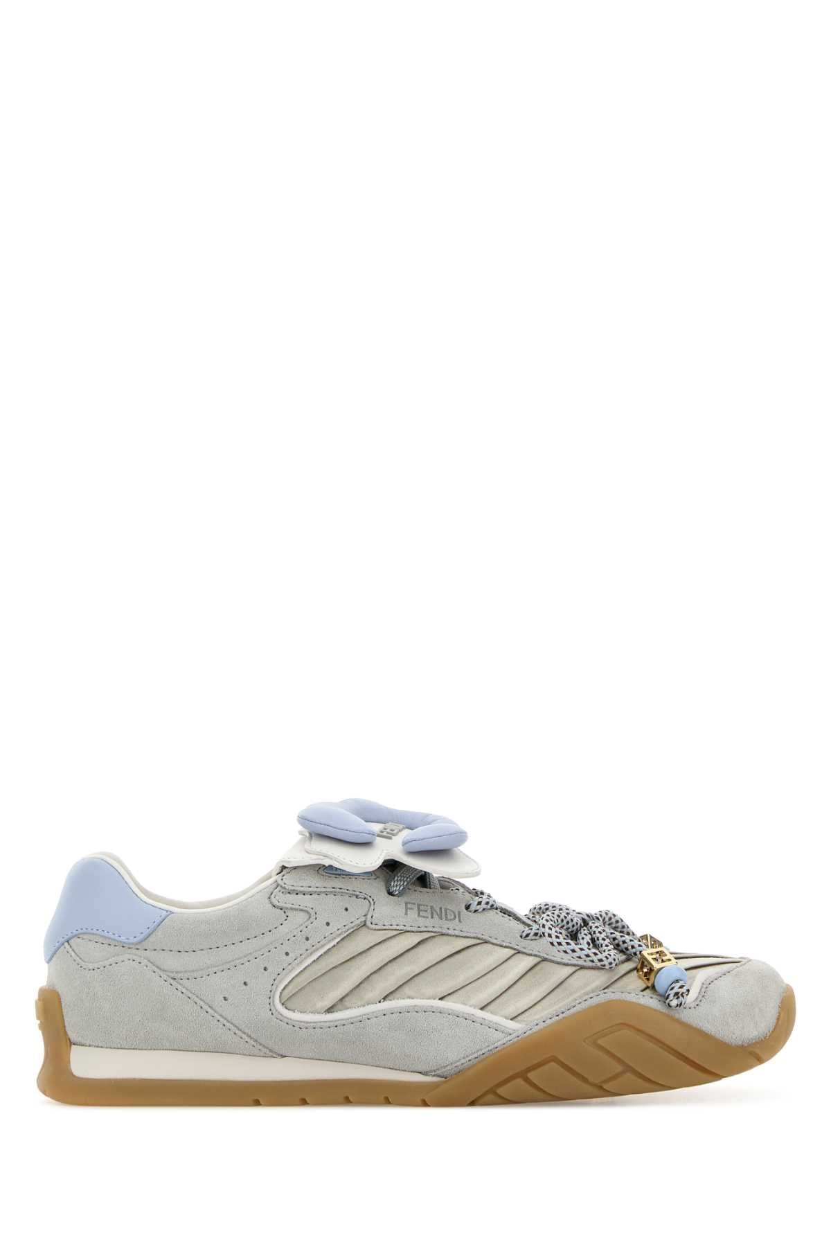 Fendi Women Light Blue Suede And Fabric Fendi  Wave Sneakers