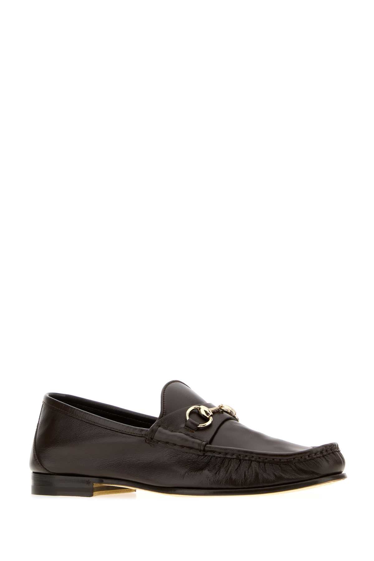 Gucci Men Dark Brown Leather Gucci Lugano Loafers